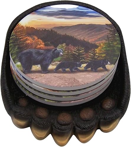 Mama Bear - Posavasos con diseño de cachorro en el bosque con soporte de garra de oso, decoración de cabaña, juego de 4 posavasos de 6 pulgadas