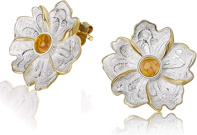 Lotus Fun Gift for Christmas S925 Sterling Silver Stud Earrings Natural Stone Peony Flower Dangle Earring Stud for Women and Girls, Handmade Unique Jewelry