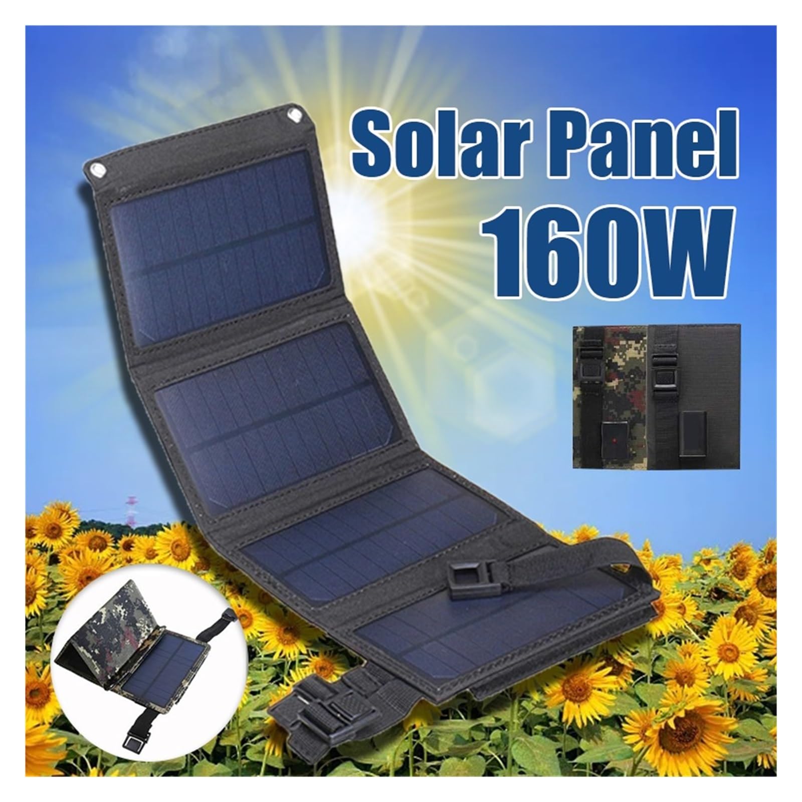 Panel Solar plegable de 160W for exteriores, 5V, USB, cargador batería portátil a prueba agua, banco energía, teléfono, PC, coche, caravana, barco, Camping Salida Ideal(44x16.5cm 160W Black)