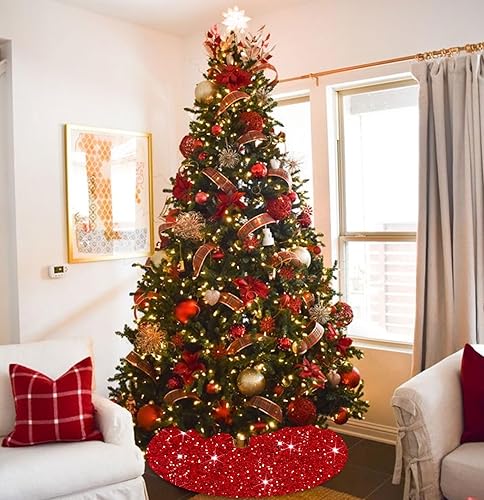 Miniatura 4 de Falda de árbol de Navidad roja de 21 pulgadas, faldas de terciopelo de lujo para árbol de Navidad, falda de árbol de Navidad bordada con purpurina,