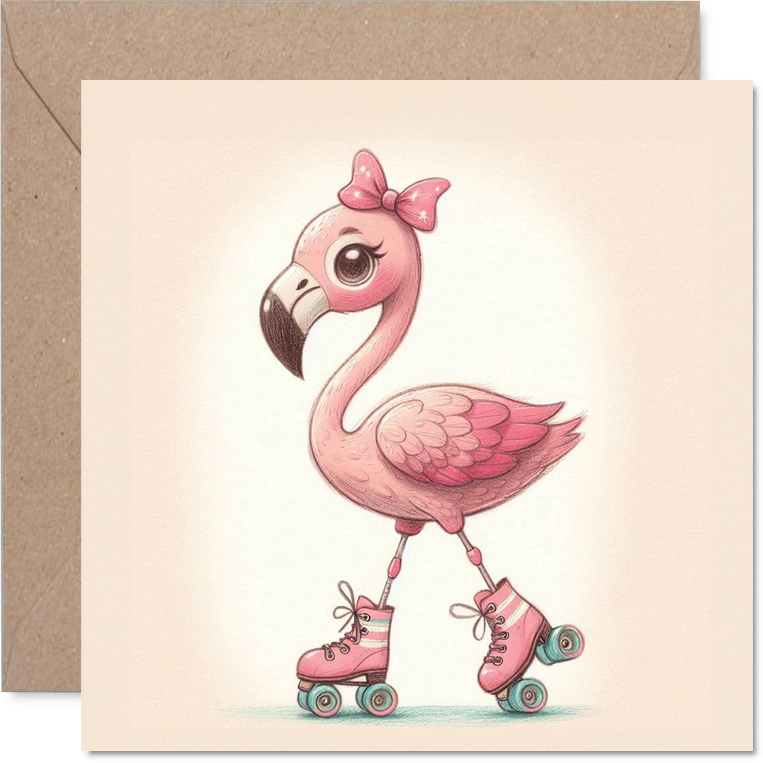 Playful Birthday Card - Wheely Good Fun - Whimsical Pink Flamingo on Roller Skates Design - Sure to Bring a Big Birthday Grin - 145mm Square, Envelope Included