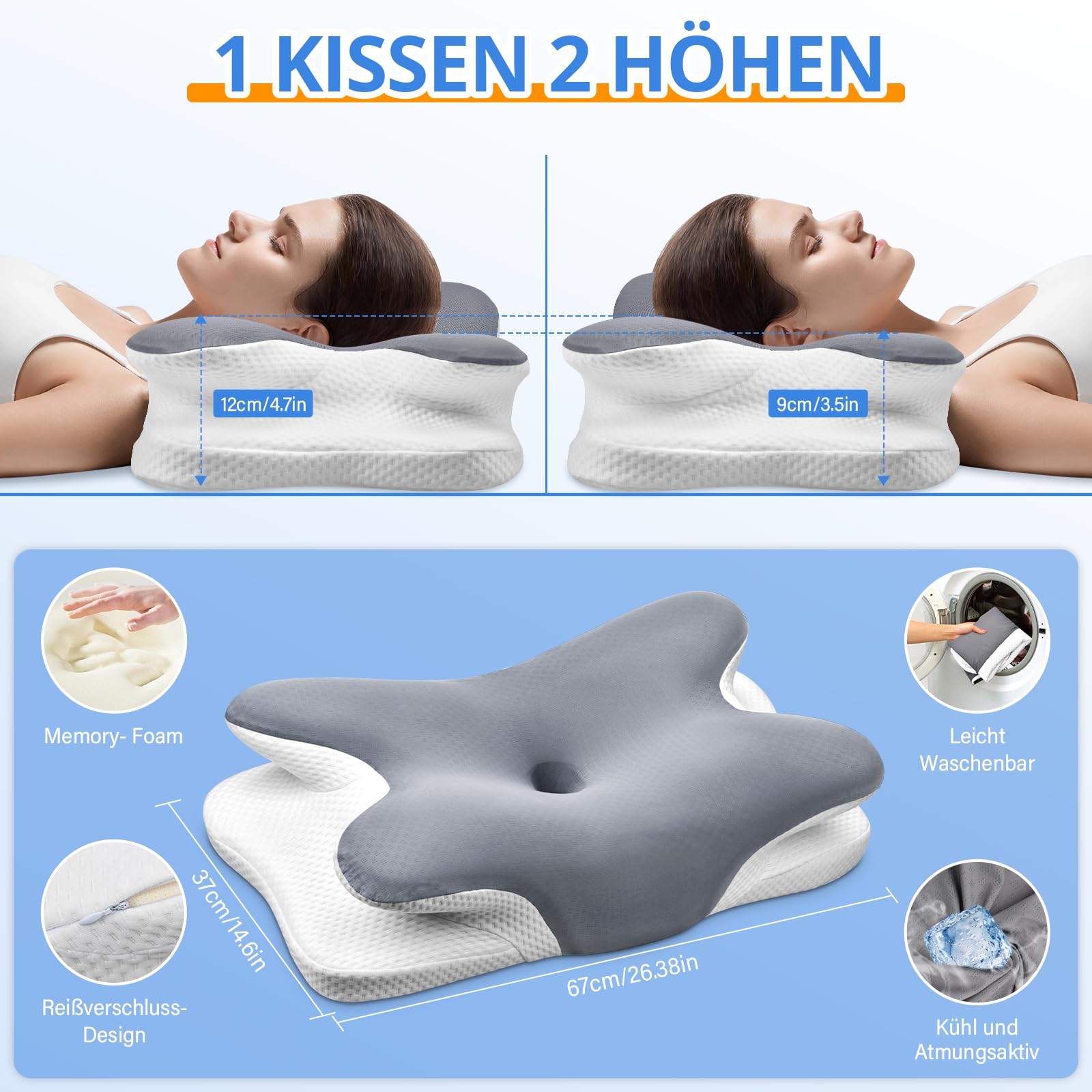 Ehomfory Nackenkissen Kopfkissen Nackenstützkissen Memory Foam Kissen, Ergonomisches Seitenschläferkissen für Seiten, Rücken & Bauchschläfer, 67x37x9/12 cm