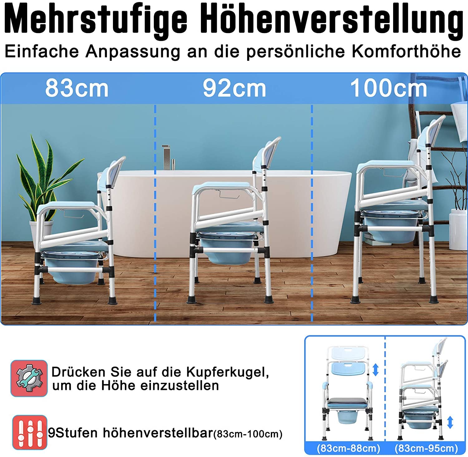 YUENFONG Silla de Ducha con Inodoro y Altura Ajustable, Taburete de Ducha con Cubo de Inodoro, Aluminio con reposabrazos y Respaldo, Silla Antideslizante para Ancianos, niños y Mujeres Embarazadas
