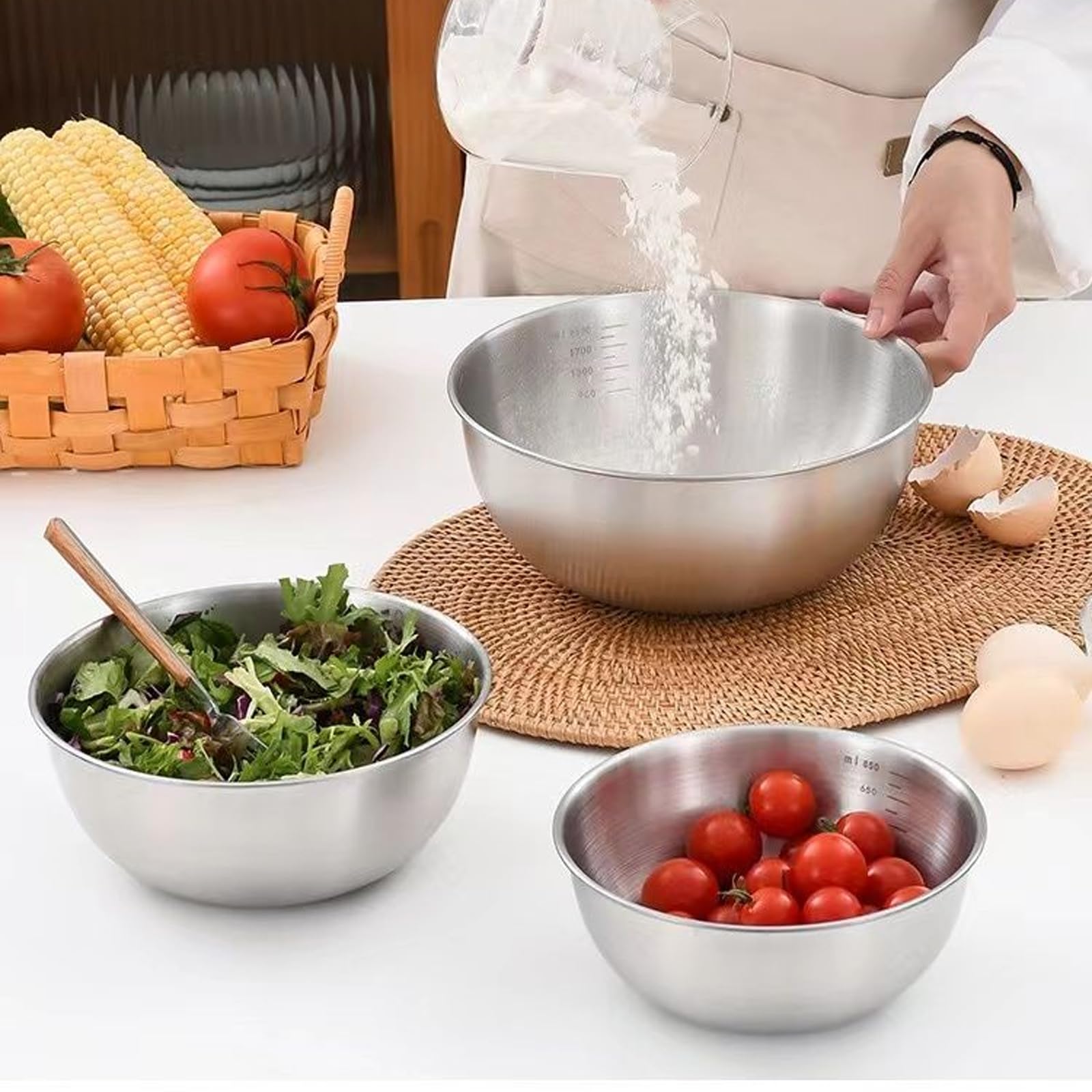 6 ciotole in acciaio inox, 2100 ml, in acciaio inox, ciotola per insalata, diametro 22,5 cm, ciotola per insalata, ciotola in acciaio inox, piastra impilabile, per cucina, ristorante, cene di famiglia