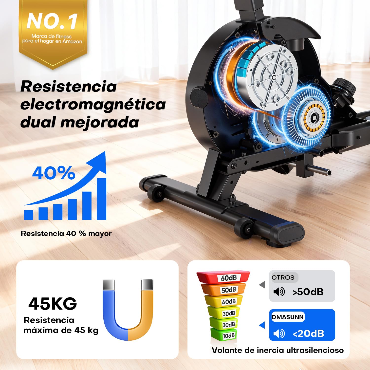 DMASUN Rameur Musculation d'Appartement​, 16/32 Niveaux de Résistance Magnétique, Rameur à Double Rails, App et Écran LED, Rangement Vertical, Assemblage Facile, Capacité 160 kg
