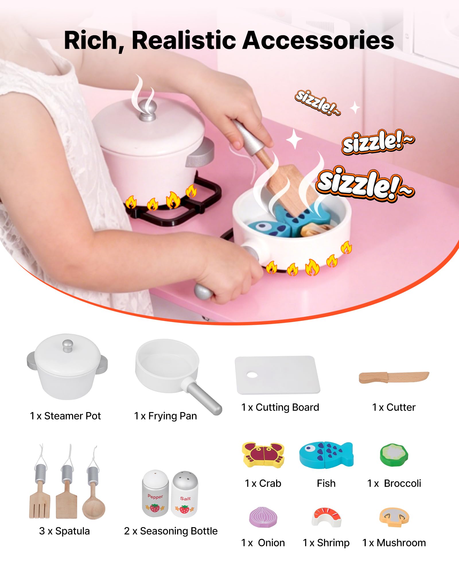 VEVOR Cucina Giocattolo per Bambini in Legno, con Luci e Suoni Realistici, Accessori Cibo e Pentole, Macchina per Ghiaccio, Cappa Aspirante e Forno a Microonde, Gioco di Ruolo, per Bambini 3-8 Anni