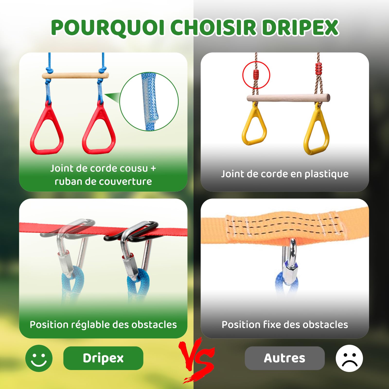 Dripex Slackline Enfant, Slackline 2×20m et Parcours Ninja Enfant Exterieur, Tyrolienne et Parcours Exterieur avec balançoire, échelle d’Escalade, Filet d’Escalade, Adapté aux débutants