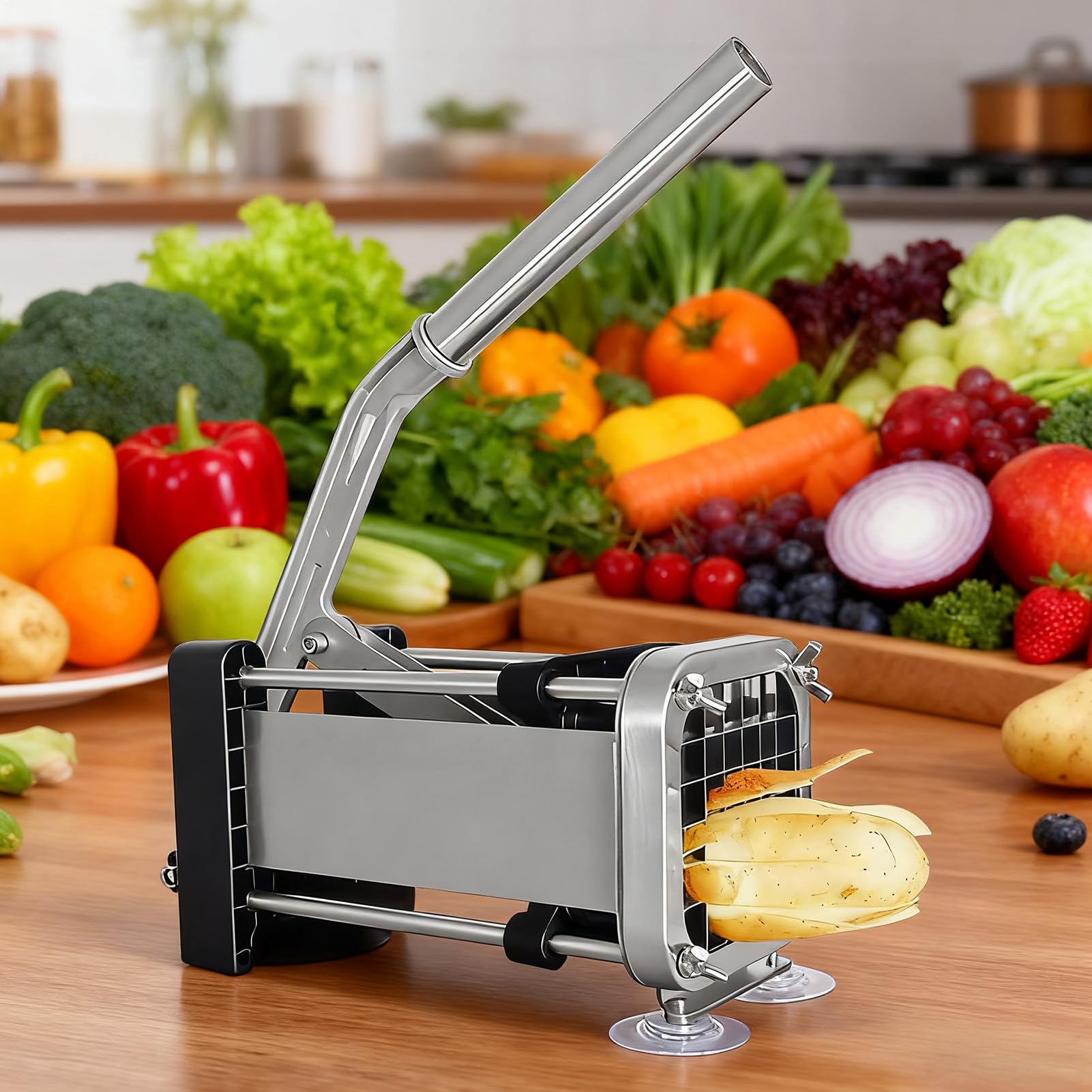 Pommes-Schneider Edelstahl Schneider Häcksler für Gemüse Gurken Karotten | Kartoffelschneider Pommes Presse Küchenhelfer Schneidgerät für Salat, Zuhause, Gastronomie, BBQ, Camping, Haushalt