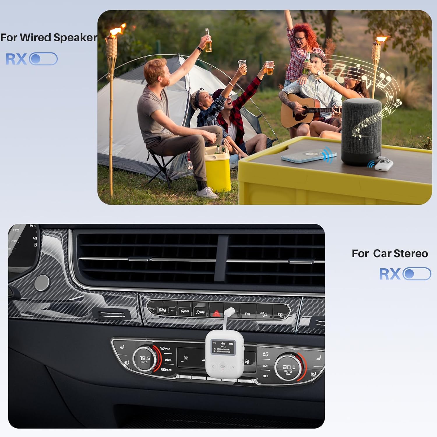 Two images showing 1Mii SafeFly Min+ in RX mode: one connected to a wired speaker during an outdoor gathering, and another connected to a car stereo.