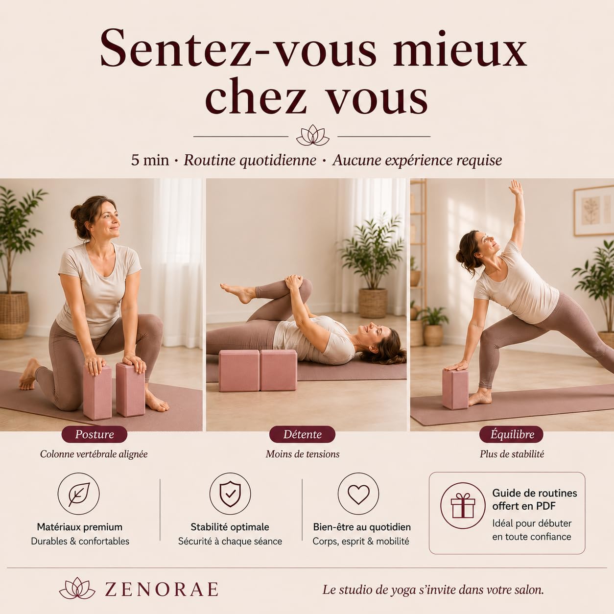 Kit Yoga ZENORAE – 2 Blocs EVA Haute Densité + Sangle Coton 2,5m – Briques Antidérapantes pour Yoga, Pilates, Stretching, Étirements & Fitness