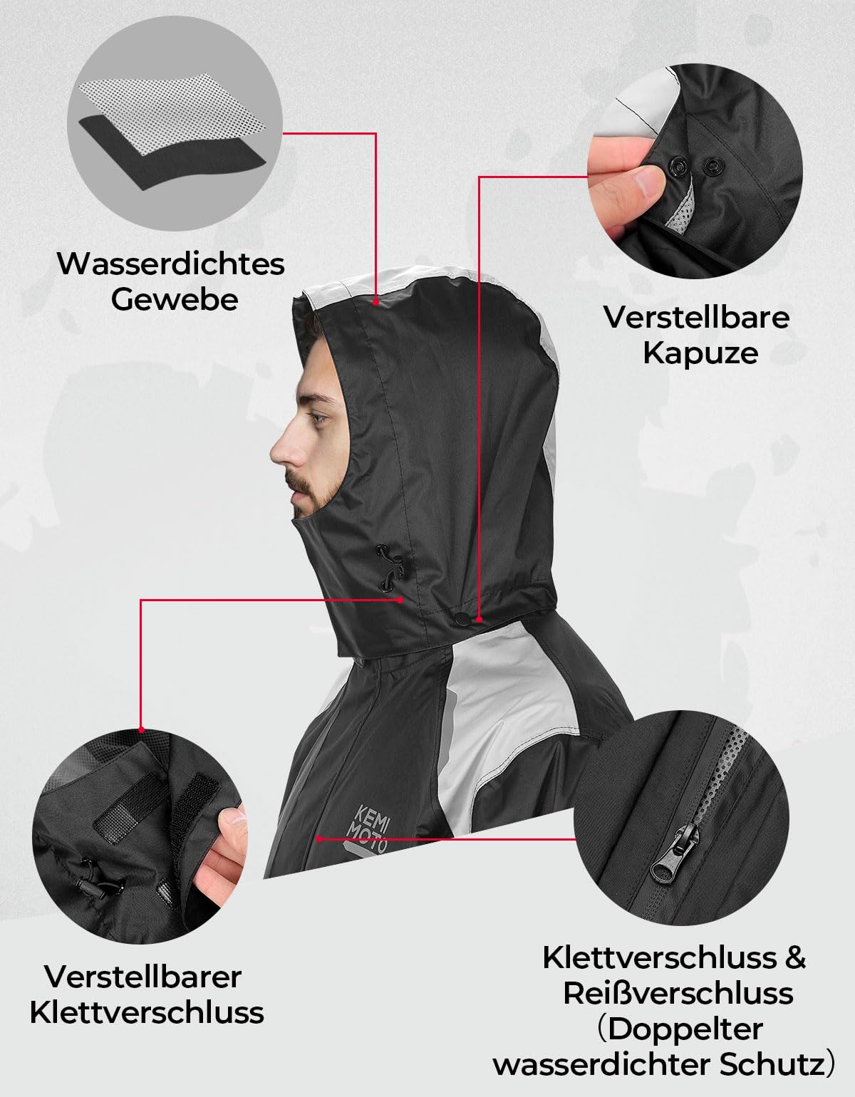 KEMIMOTO Motorrad Regenanzug Herren, 15000MMH₂O Wasserdichter Winddicht Regenmantel, Reflektierender Atmungsaktiv Fahrrad Regenbekleidung, Teilig Regenjacke für Roller Angeln Boot