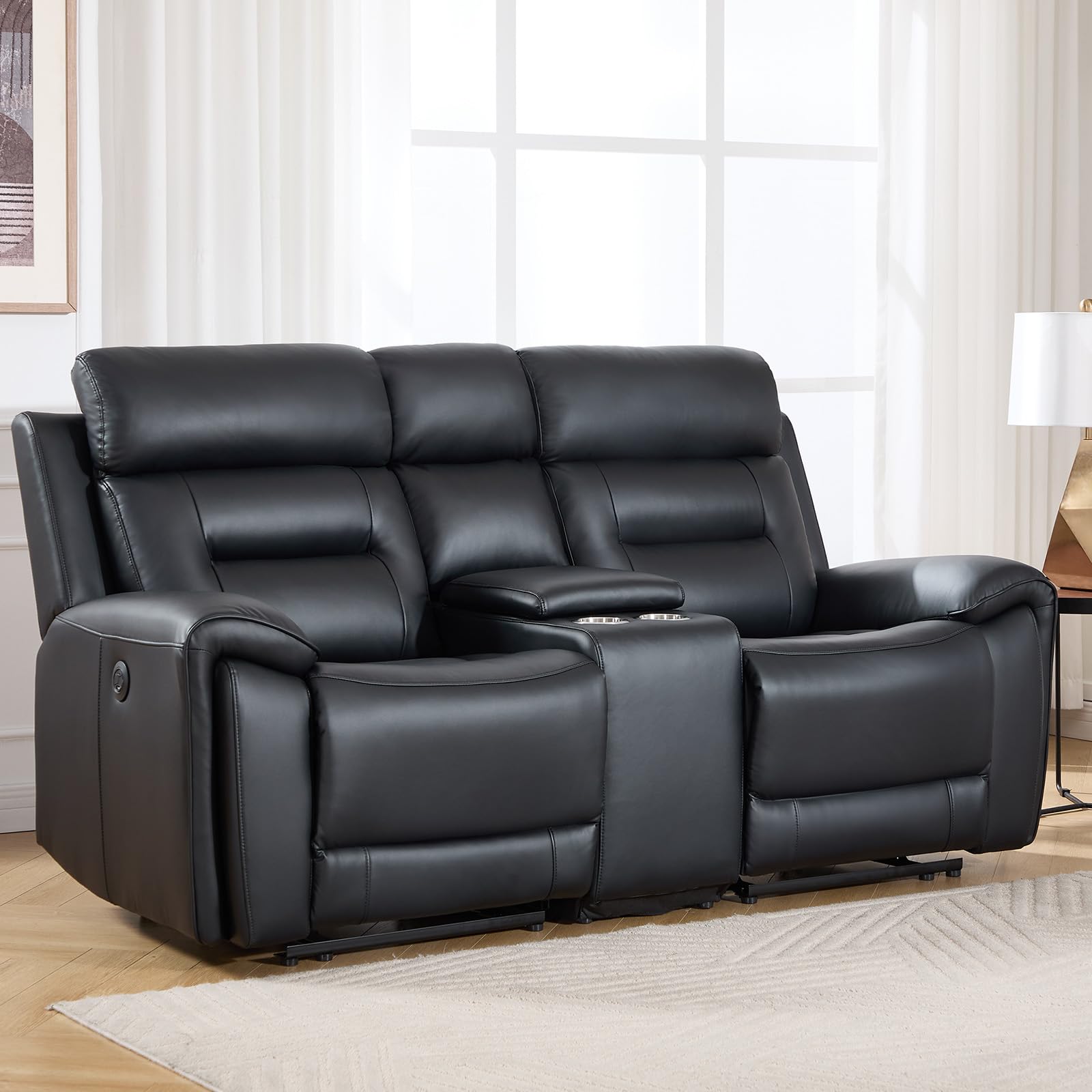 ANJ Power Reclining Loveseat Sofa with USB&amp;Type-C Charging Port, Breathable Faux Leather 2-Seater Electric Recliner Couch with Cup Holders &amp; Storage Console for Living Room, Black