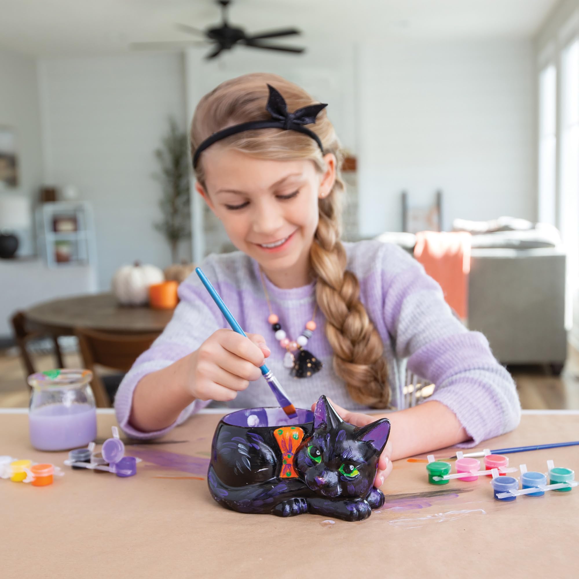 MindWare Paint Your Own Cat Dish – Figurines de peinture en porcelaine pour enfants, adolescents et adultes à partir de 8 ans – Comprend 12 peintures et 2 pinceaux