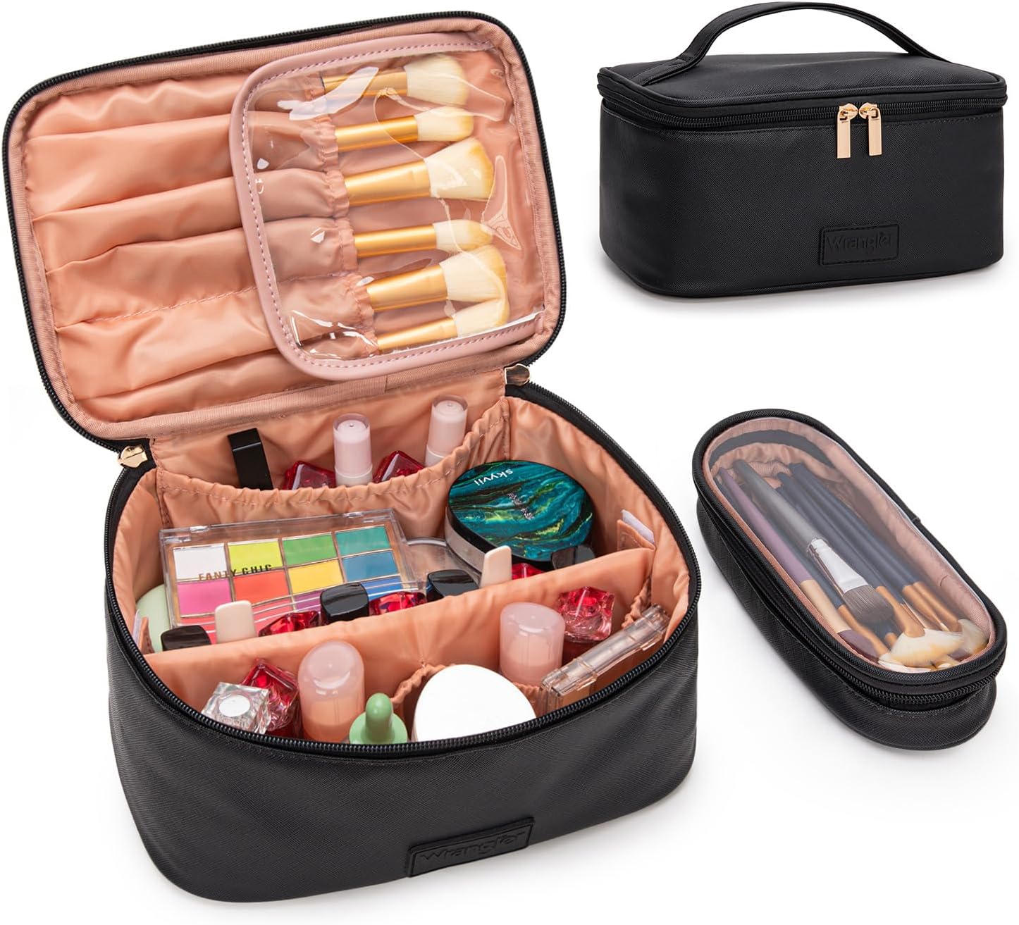 Montana West X Wrangler Travel Makeup Bag 2pcs Set Large Cosmetic Bag with Makeup Brush Holder Portable Make Up Organizer Cute Toiletry Bag with Divider and Handle for Women Black