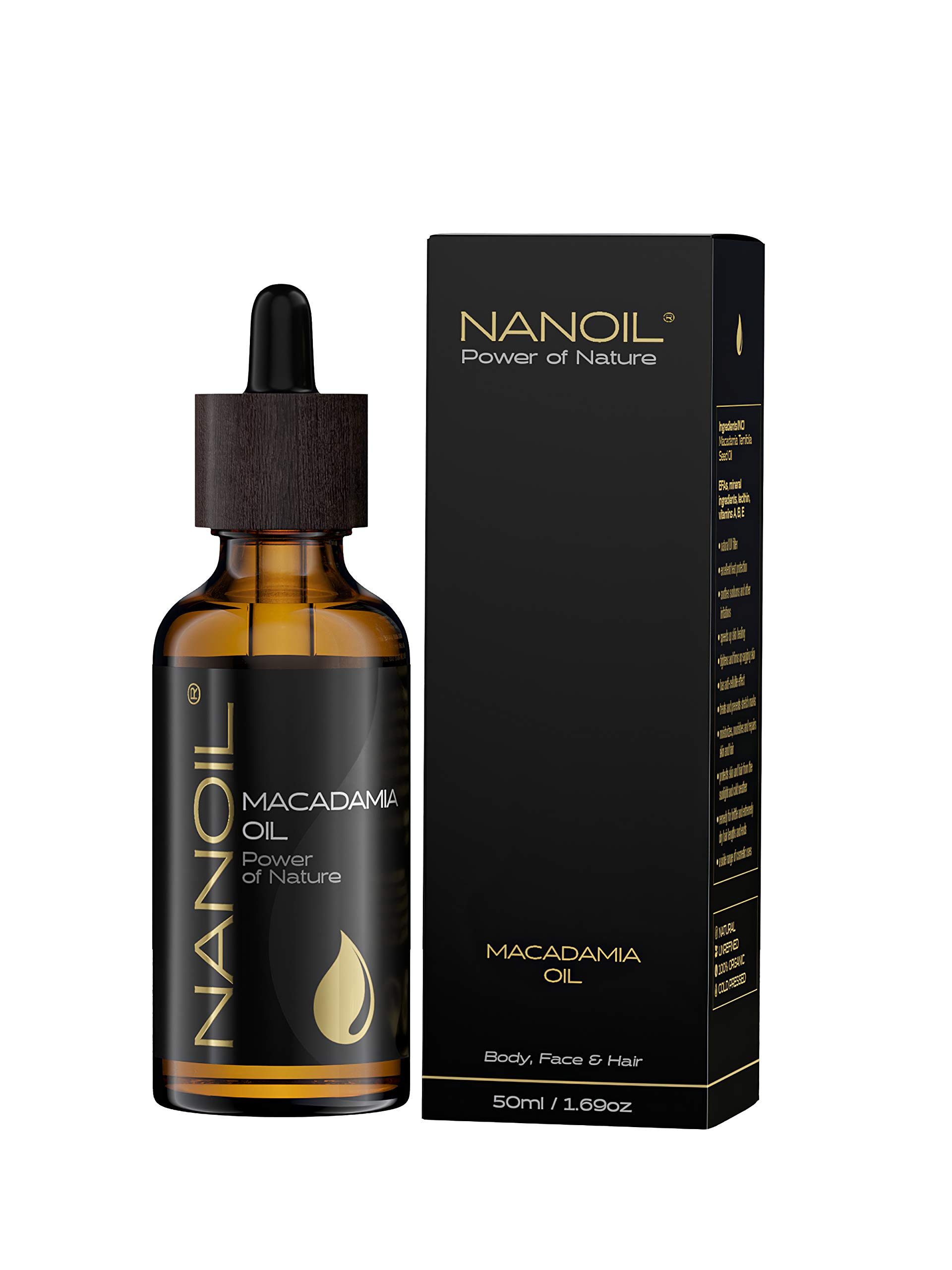 NANOIL Macadamia Oil 50ml - Organic, cold-pressed and unrefined macadamia oil for face, body and hair care. Nutrient-boost, protection and reinforcement