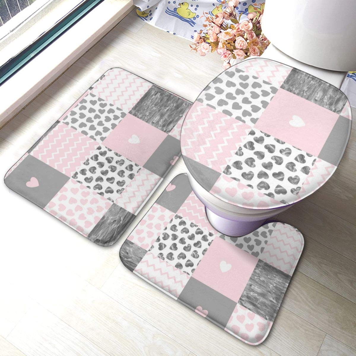 Meiya-Design Patchwork Pink Gray Hearts Patchwork Bathroom Rug Mats Set 3 Piece - Soft Shower Bath Rugs - Contour Mat and Toilet Lid Cover - Perfect Combination of Luxury and Comfort