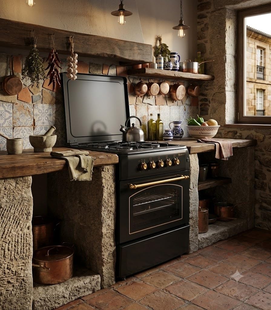 PACK AHORRO COCINA GAS F6S40G2 + CAMPANA HS60PR / ESTILO RUSTICO NEGRO/ANCHO 60 CM/FUEGOS CON ENCENDIDO AUTOMATICO/HORNO 60 L.