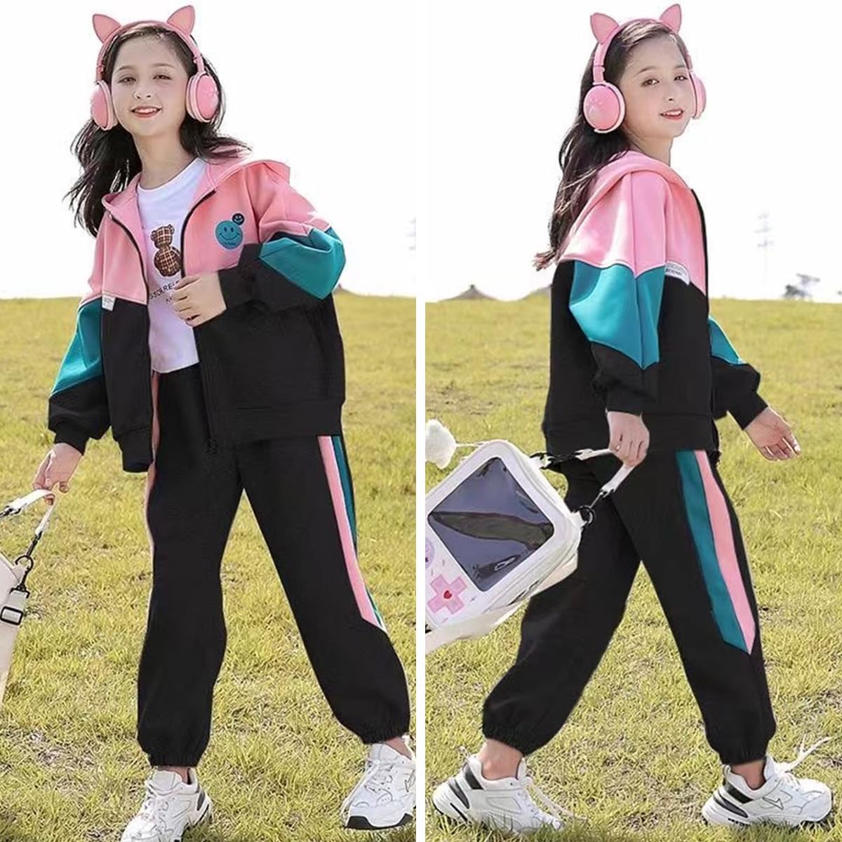 linboo Chándal infantil para niña, conjunto de ropa deportiva, chaqueta y pantalones de chándal