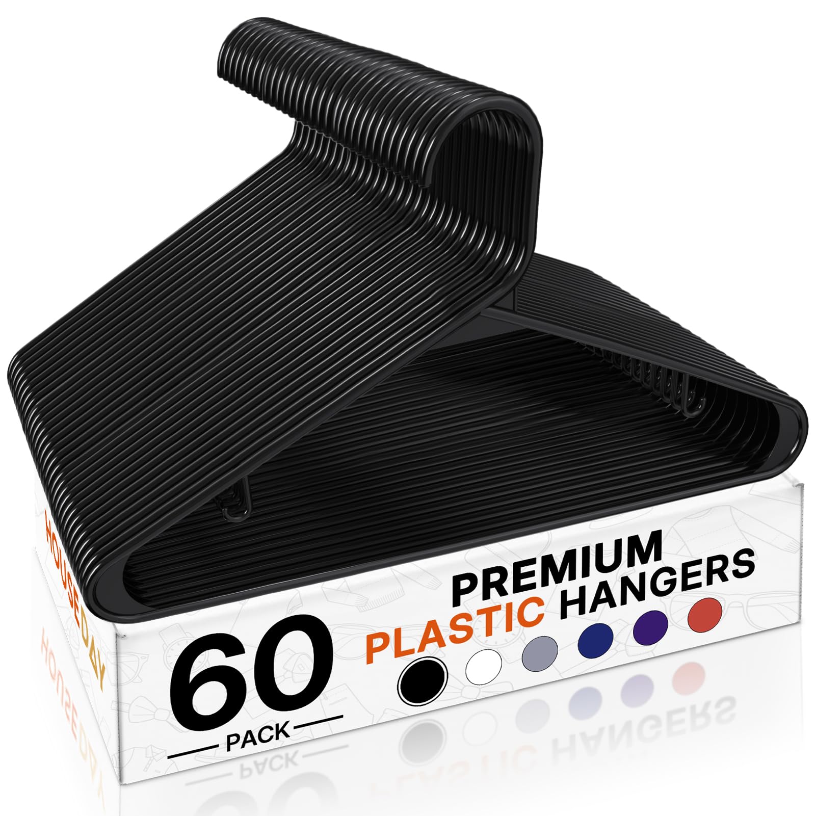 HOUSE DAY Black Plastic Hangers 60 pack, Durable Clothes Hanger with Hooks, Space Saving Hangers are Perfect for Use in Any Closet, Light-Weight Clothes Hangers Plastic for Everyday Use — image 1
