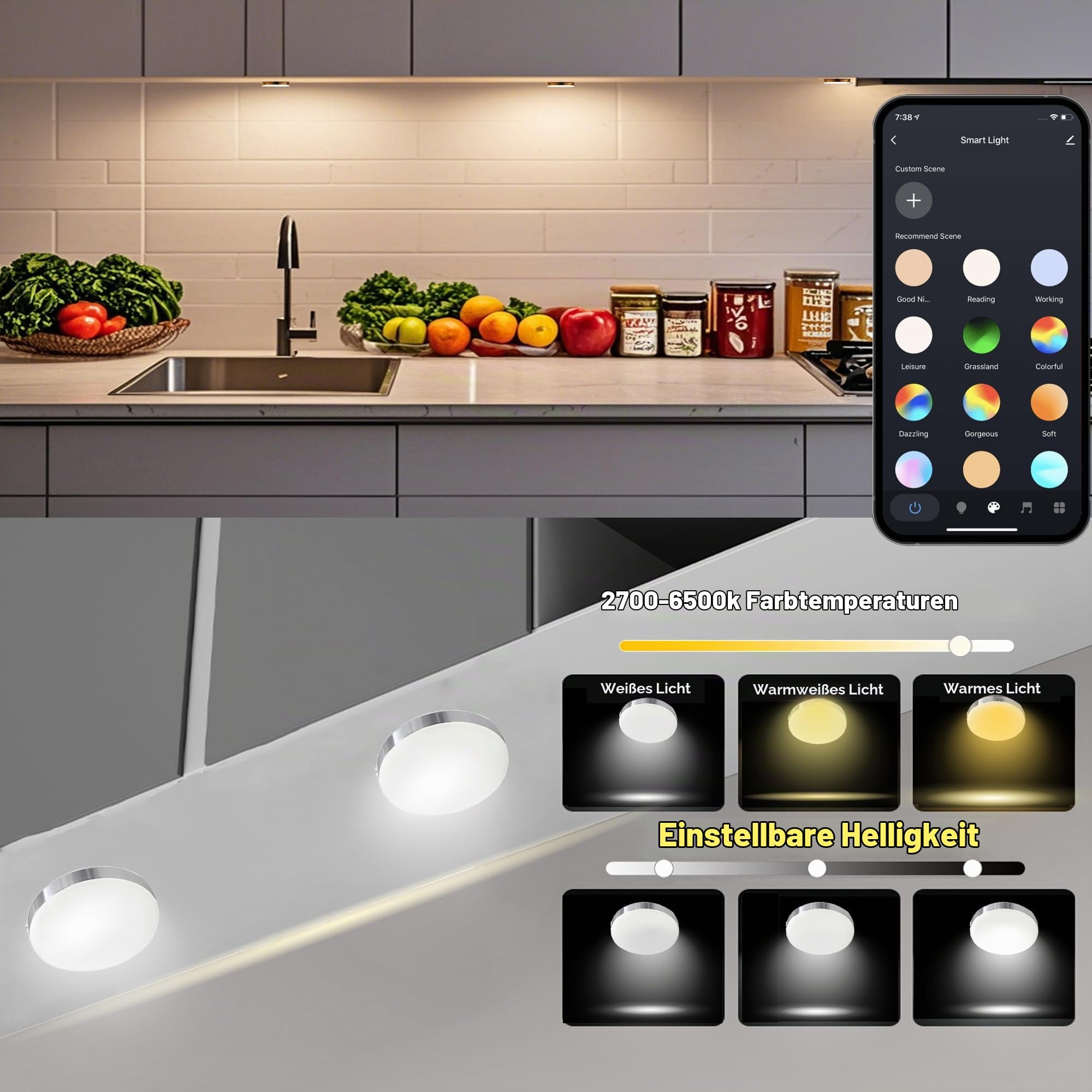 6Pcs Aluminium WiFi CCT 2700K-6500K duale weiße Dimmbar Farbtemperatur Unterbauleuchte Küche LED Schranklicht für Alexa, Google Home, mit RF Fernbedienung Timer APP Steuerung Schrankbeleuchtung