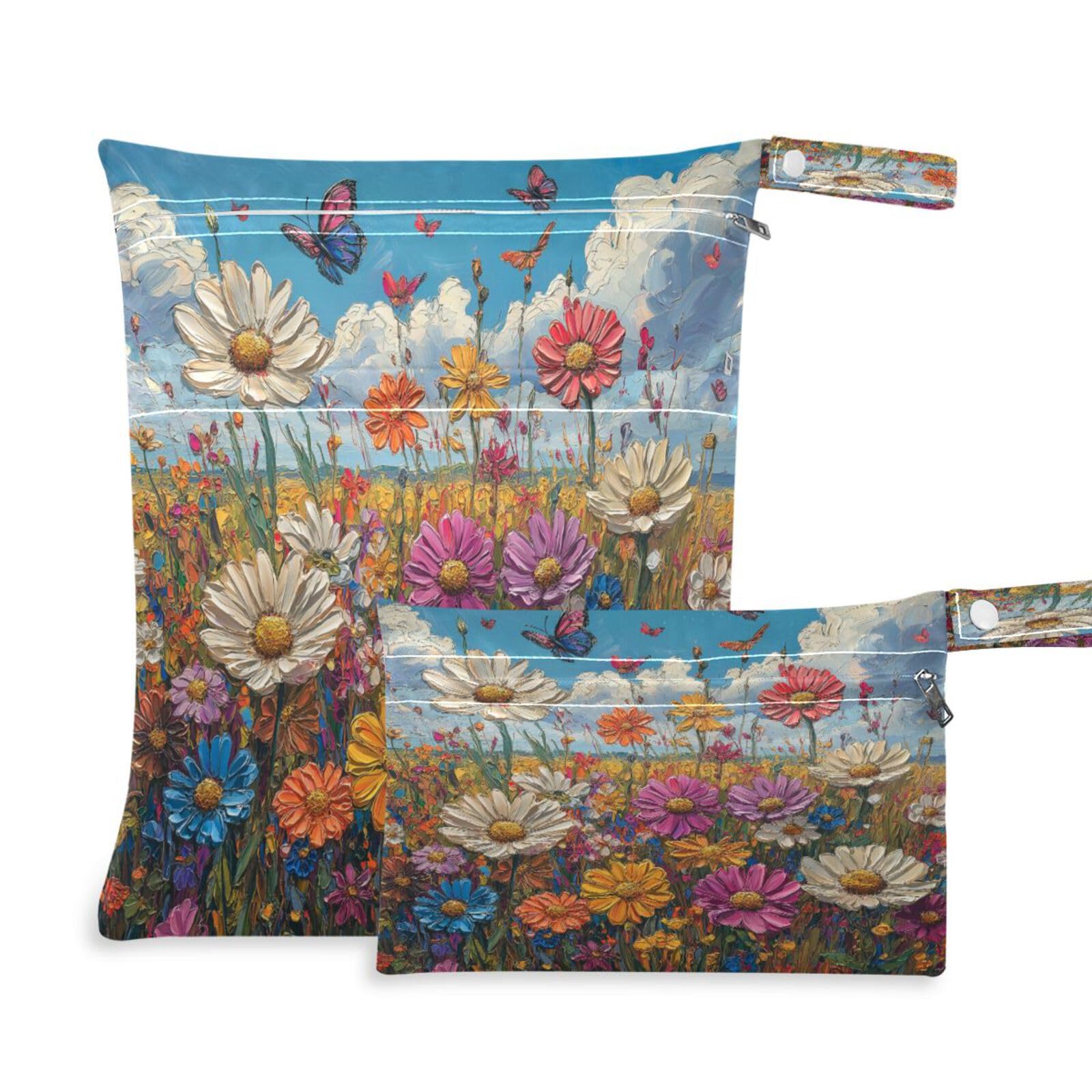 ATTX Colorful Wildflowers Meadow Wet Dry Bags 2-Pack - Reusable Cloth Diaper Storage for Travel, Beach & Gym | Multi-Use Waterproof Bags for Swimsuits, Baby Clothes, Sports Gear#380