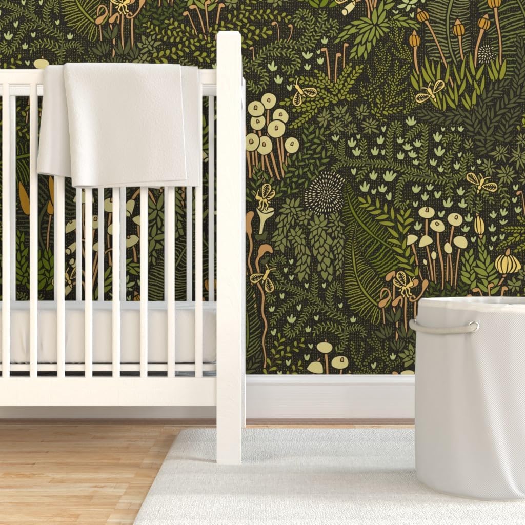 Removable Wallpaper Swatch - Whimsical Garden Large Scale Fairy Botanical Moss Olive Green Zen Nature Custom Pre-Pasted Wallpaper by Spoonflower