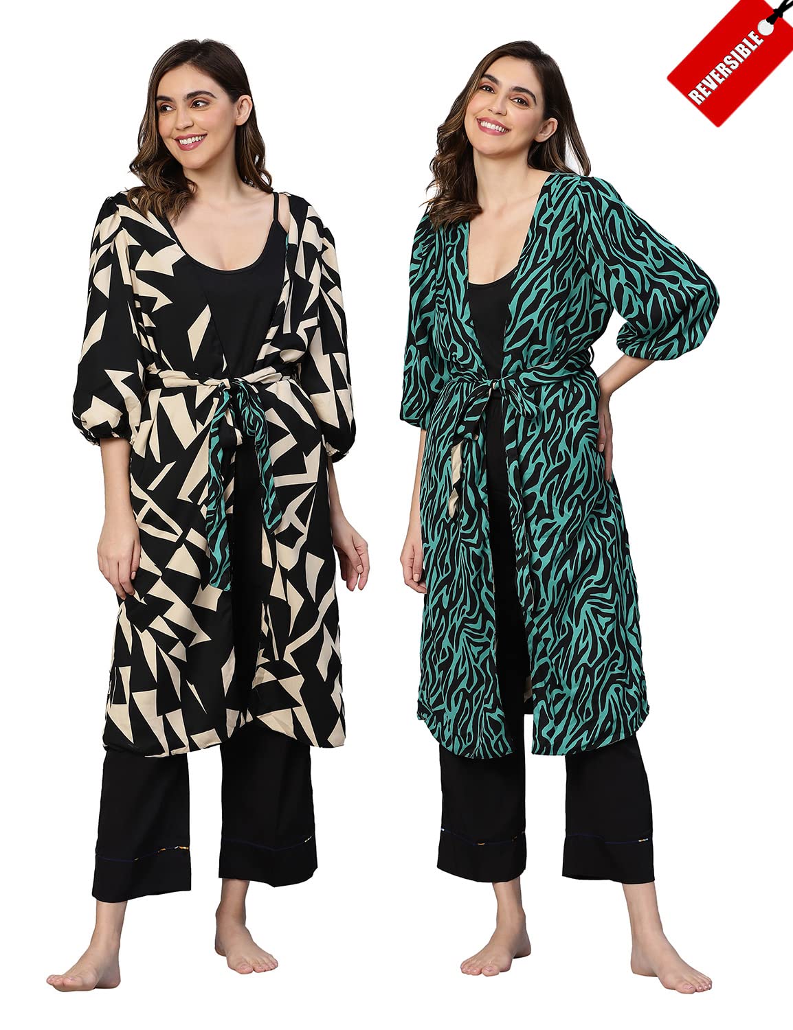 Women Black Abstract Print Belted Polyester Nightwear Cover Up-image-3
