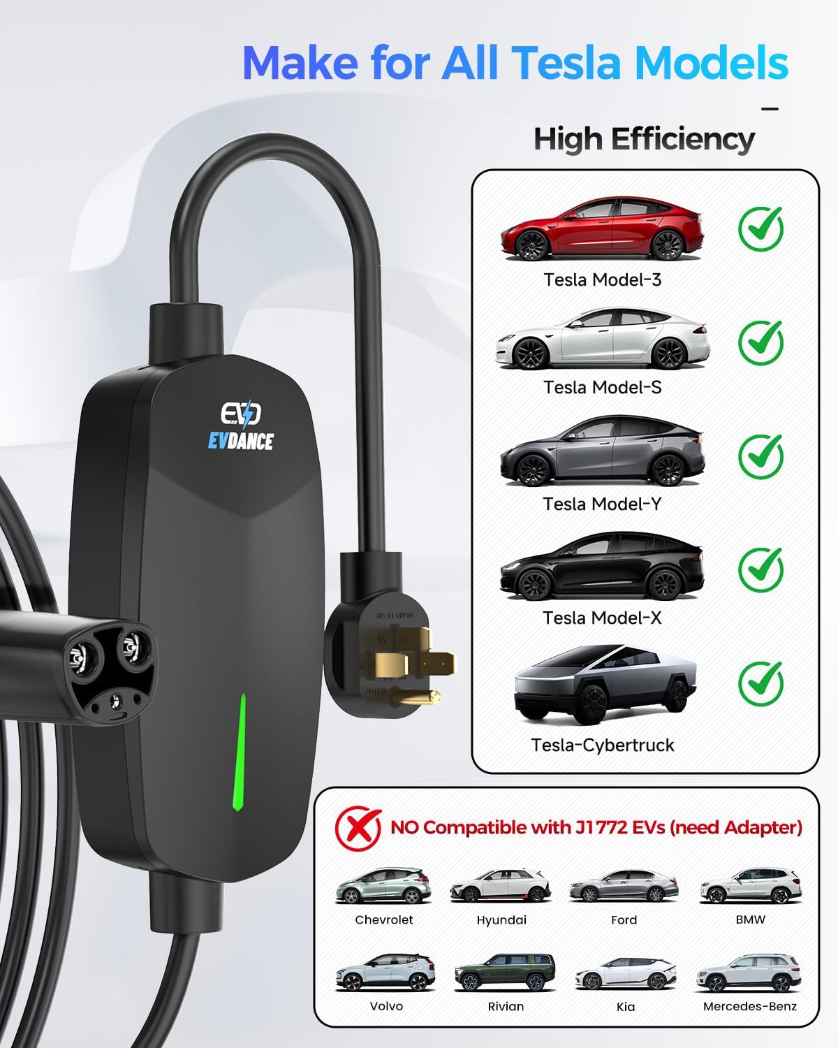 Level 2 EV Charger for Tesla, 32A/7.68kW Fast Home & Portable EV Charging Station with 25FT Cable, NEMA 14-50 Plug, NACS Connector Compatible with All Tesla Models S/3/X/Y/Cybertruck