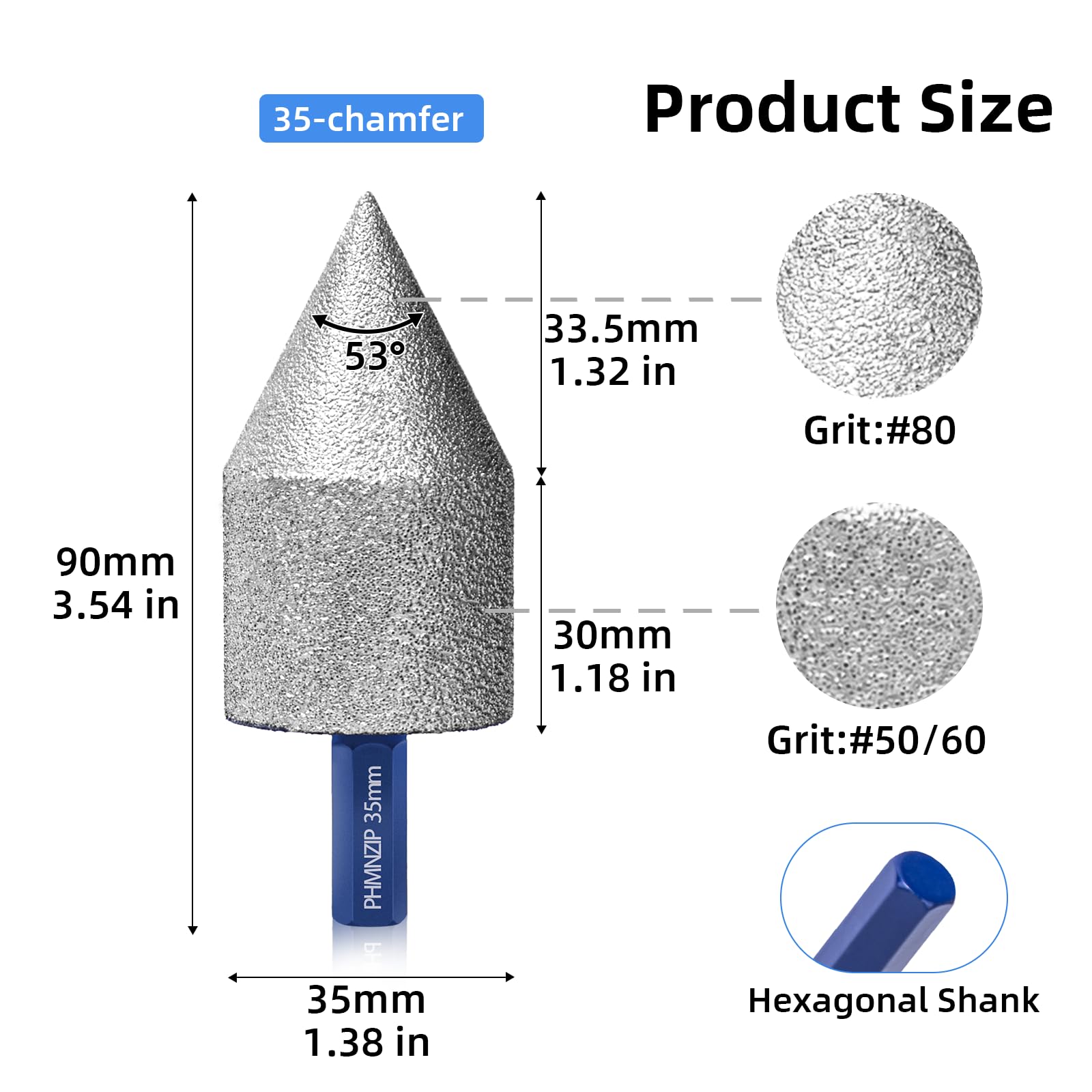 Punte Diamantate per Smussare 35 mm Esagono Gambo Smussatura di per Allargare i Fori Modellare Lucidare Smerigliare su Piastrelle di Ceramica Porcellana Marmo Granito Pietra Artificiale