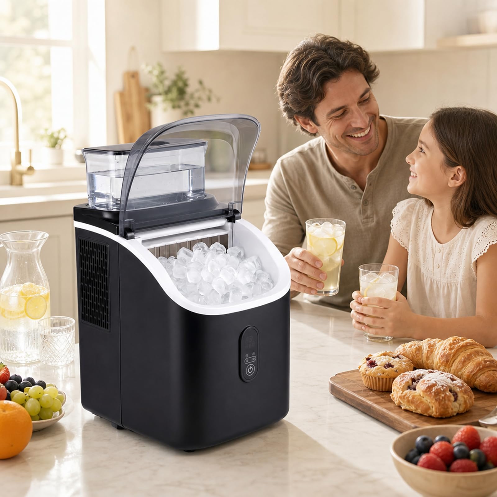 LIFEZEAL Máquina de Hielo 15kg/24h Silenciosa Ajustable (Negro) | Fabrica 16 Cubitos en 13 min, 13 Grosores, Autolimpieza, Temporizador 24h, Uso Doméstico Portátil, Cocina, Oficina
