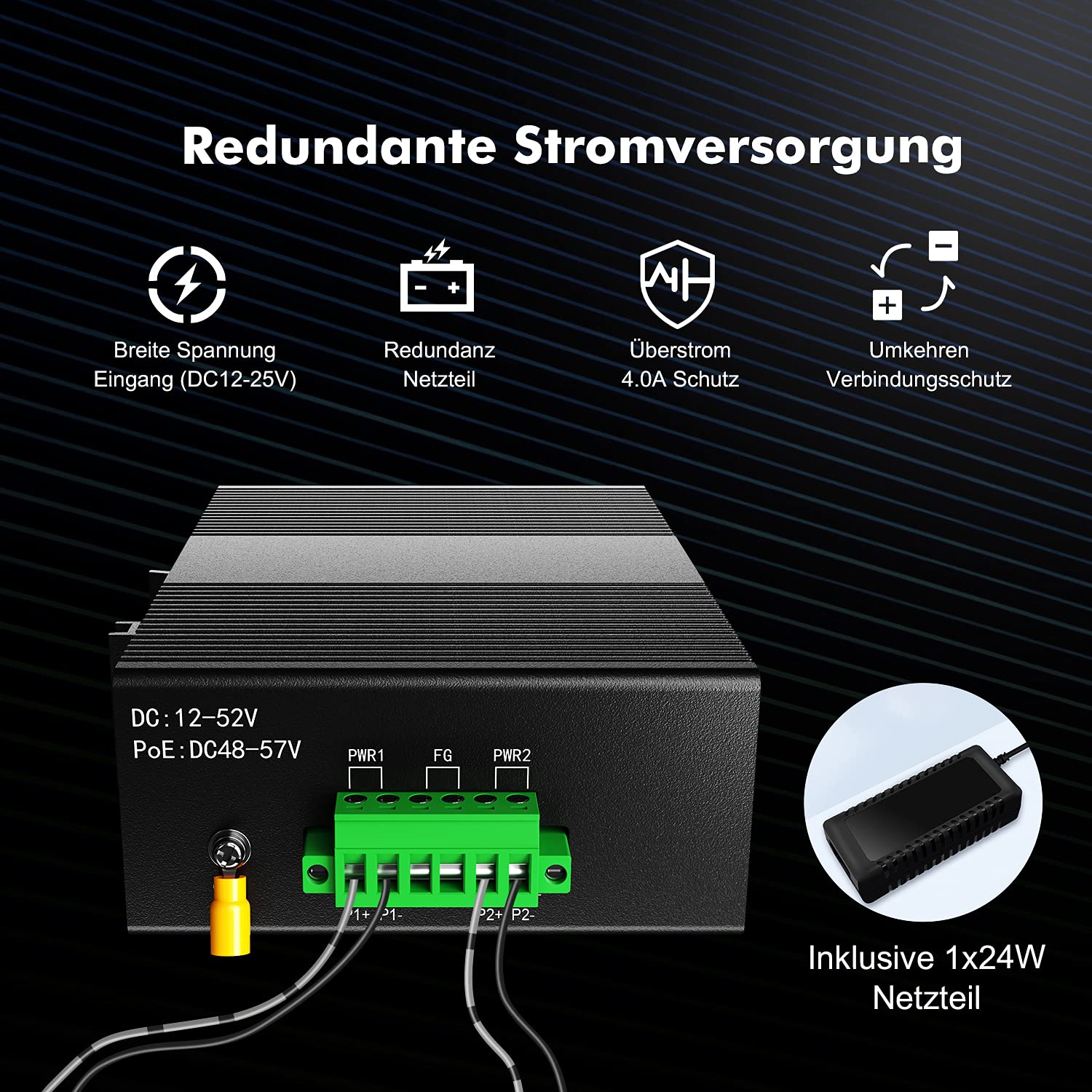 MokerLink 8 Port Gigabit Industrial DIN-Rail Ethernet Switch Hutschiene, 16Gbit/s Schaltkapazität, IP40 Unmanaged Network Switch (-40 bis 185 °F), mit Netzteil