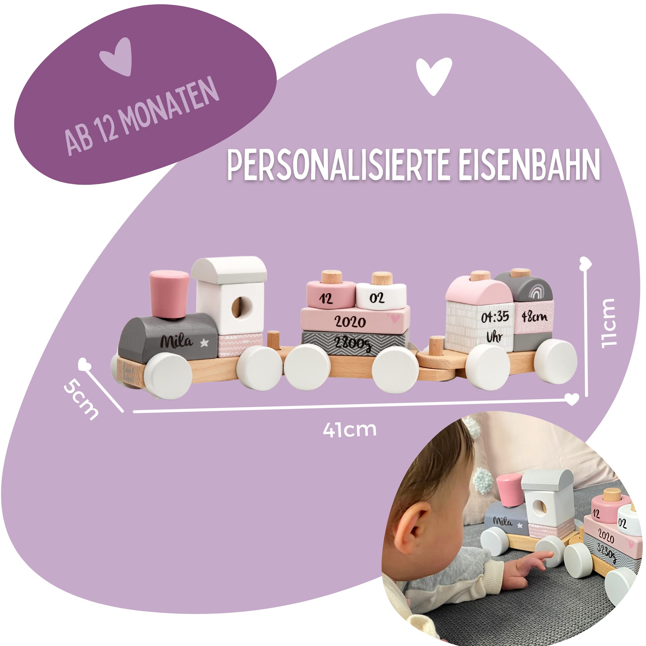 Holz Eisenbahn rosa - personalisierbar I Geschenk zur Geburt Mädchen I Handmade Holzspielzeug mit Steckformen I Personalisierte Geschenke Baby I Holzzug mit Name & Geburtsdaten