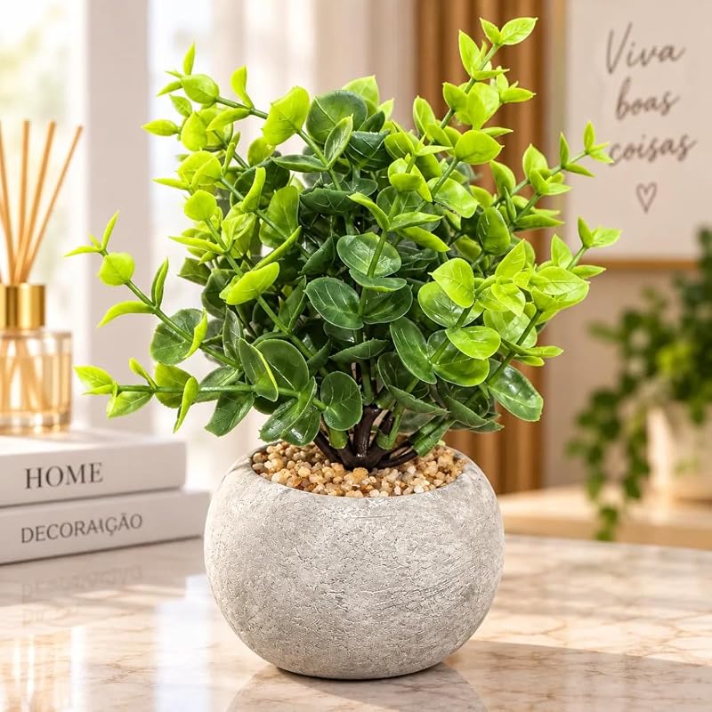 Planta Artificial Decorativa Folhagem Verde com Vaso de Cimento e Pedrinhas