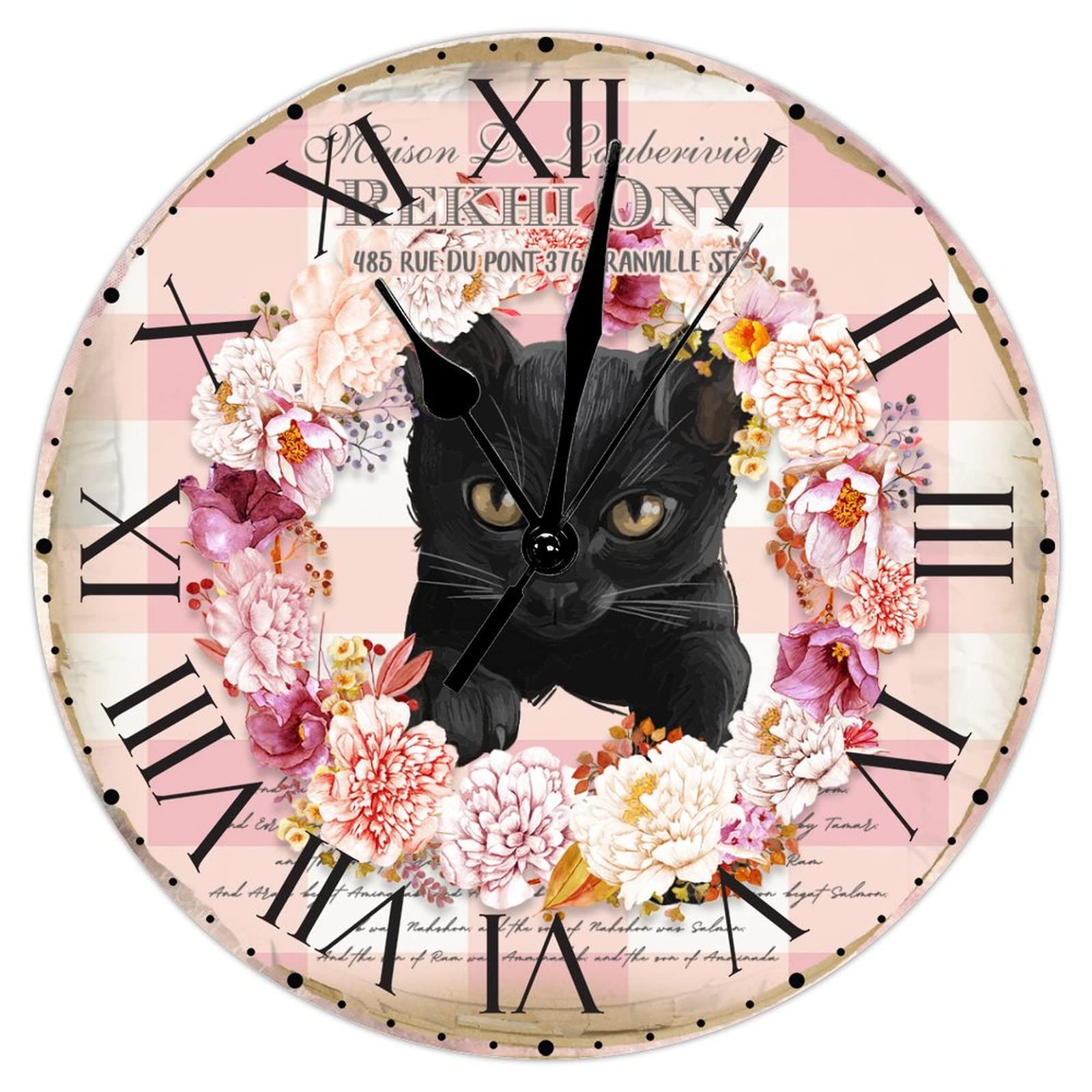 Horloge murale chat et fleurs en PVC rose écossais de 30 cm avec chiffres romains