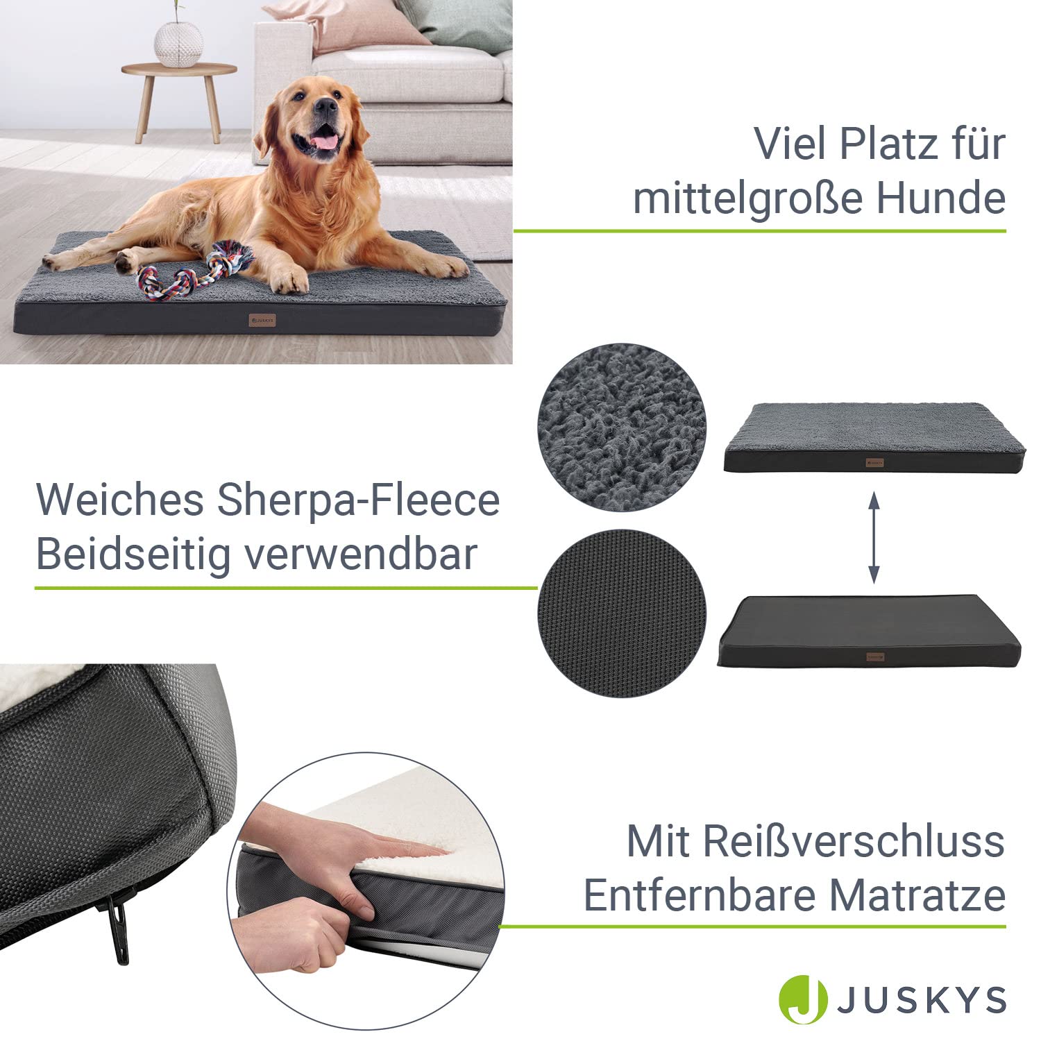 Juskys Hundebett Milow orthopädisch 92x69cm - flauschig & stabil - Bezug abnehmbar & waschbar - Hundekissen Hundematte für mittlere Hunde - Grau