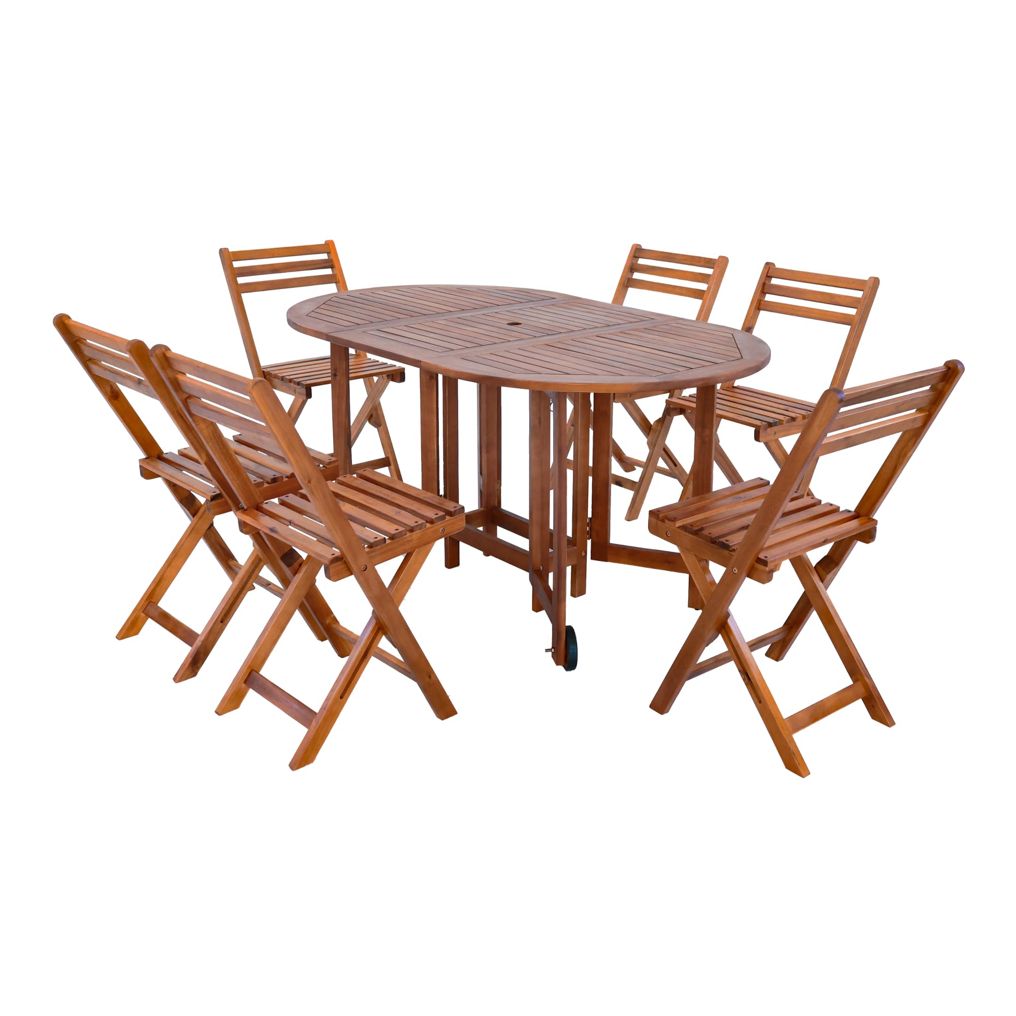 [en.casa] Muebles de Terraza con 1 Mesa de Comedor 6 Sillas Plegables Conjunto de Muebles de Jardin Exterior 7 Piezas con Abertura para Sombrilla Madera de Acacia 74 x 150 x 90 cm - Natural