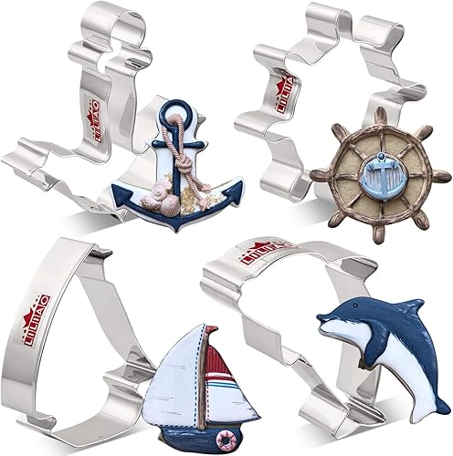 LILIAO Juego de 4 cortadores de galletas náuticas - Cortadores de fondant de galletas de ancla, velero, timón y delfín, acero inoxidable