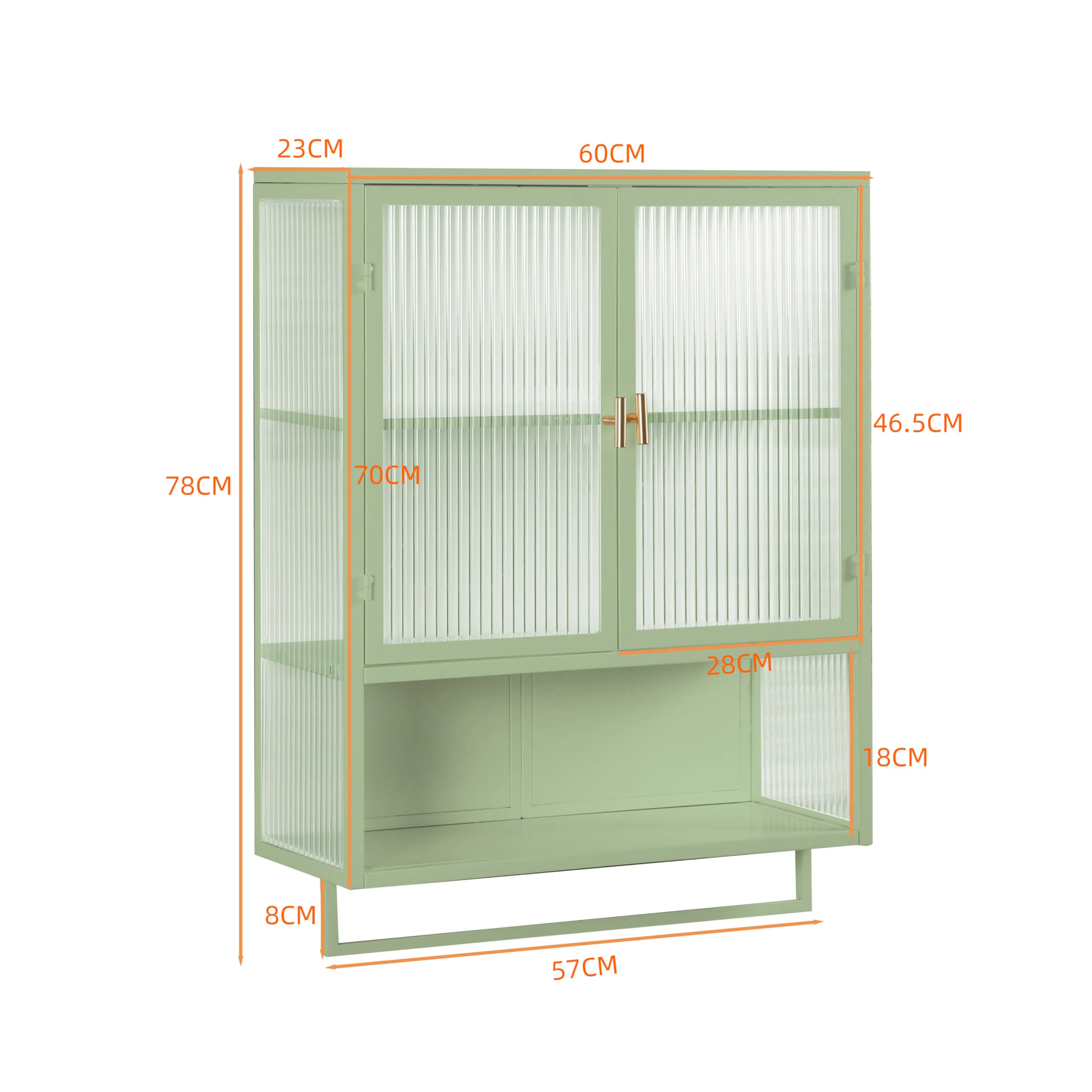 Moderner Hängeschrank Küchenschrank Wandschrank mit 2 Glastüren, Metal und Glas Badschrank Sideboard Hängend Medizinschrank mit Offener Stauraum und Handtuchhalter für Küche Bad, Grün, 60×23×78cm