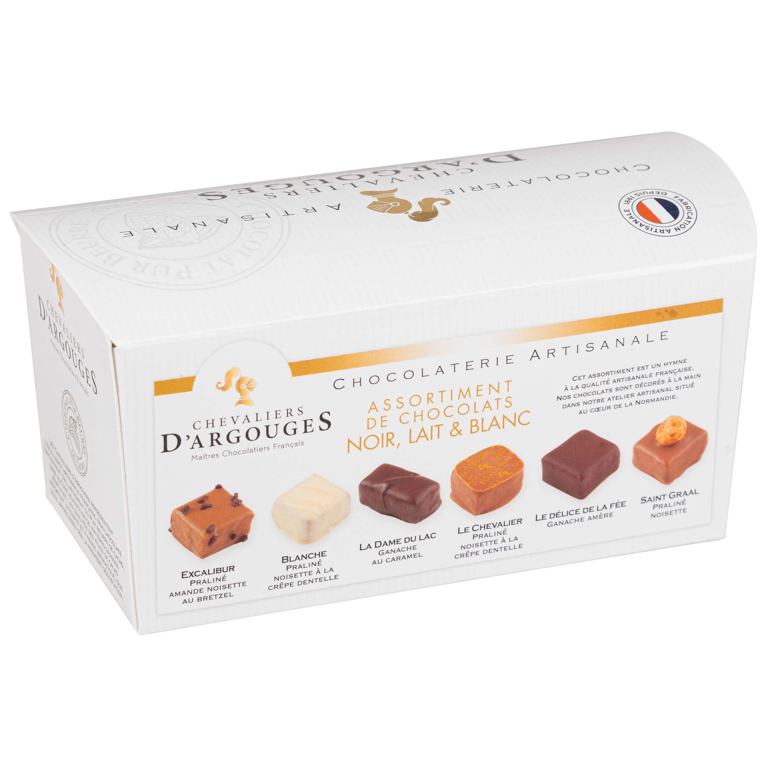 Chevaliers d'Argouges Assortiment de chocolats noir lait blanc Ballotin dégustation 175g