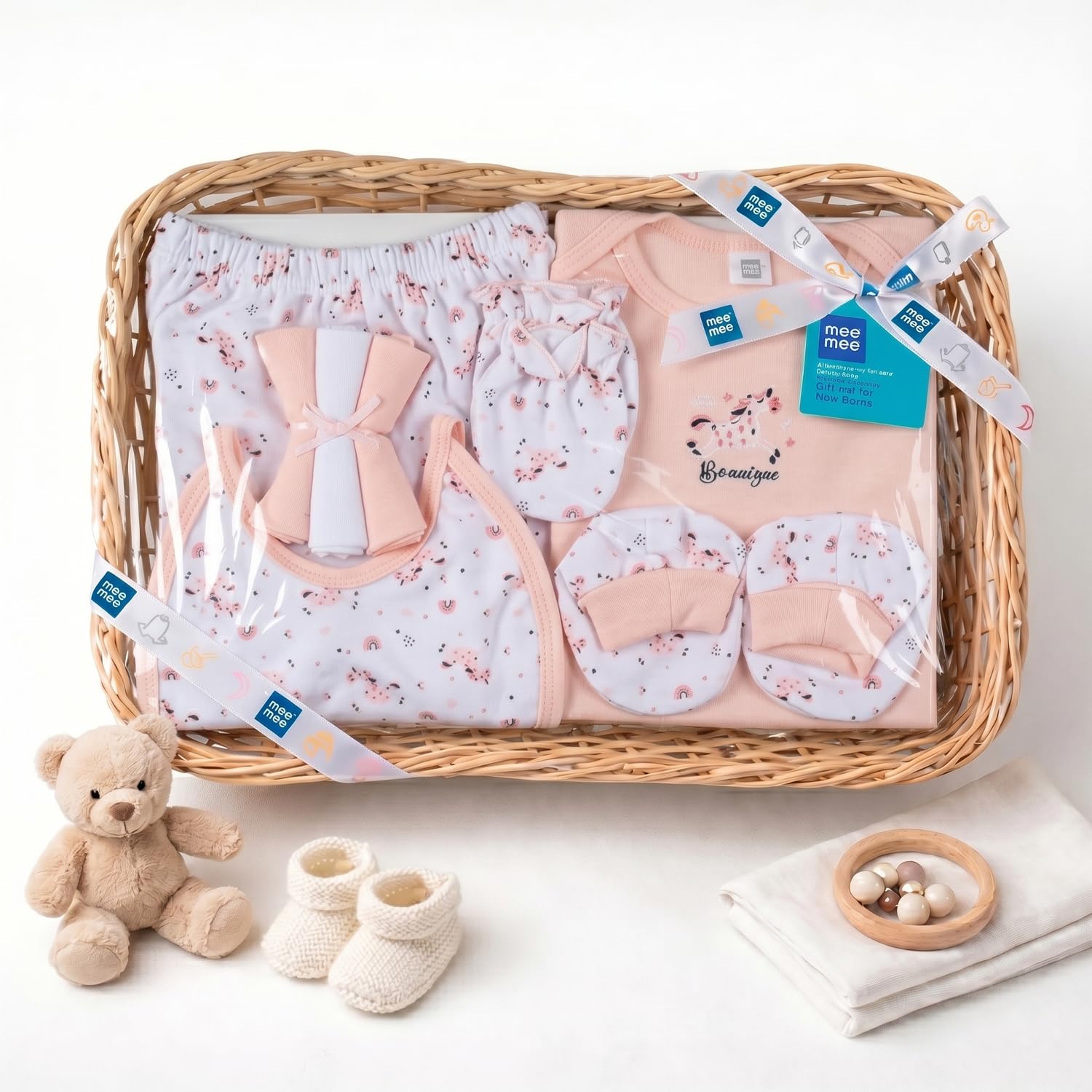 Mee Mee New Born Basket Baby Gift Set | Soft Cotton Clothing Essentials for Infants/Baby Girls, Boys | Baby Shower Clothing Hamper | 8 Pieces | (Square, Pink)