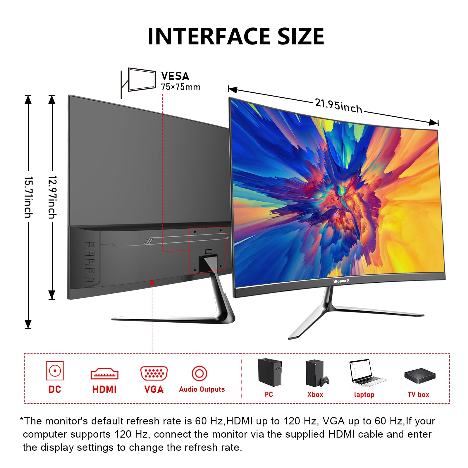 Gawfolk Monitor curvo da gioco da 24,5 pollici con altoparlanti integrati, schermo per PC 120 Hz Full HD 1080P, 3000R, HDMI 2.0, VGA, compatibile con montaggio a parete 75 x 75 mm