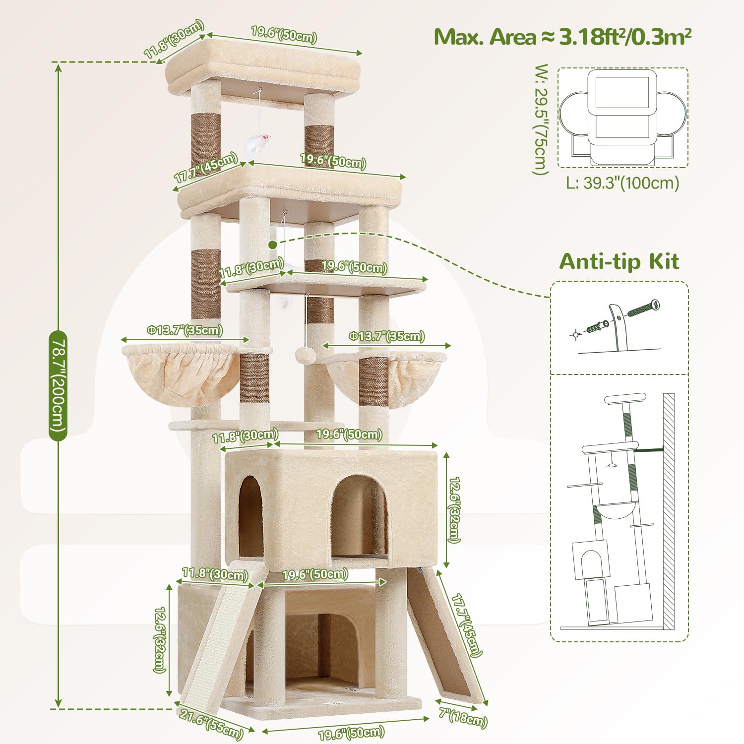 Globlazer Árbol Rascador Beige XXL Alto 200 cm con 2 Grandes Nidos, 2 Grande Plataformas, 2 Tabla Rascar Sisal, 2 Cesta, Estable Árbol Torre para Grande Gato 3-5 Adulto Gatos Más de 7 kg (Z78, Beige)