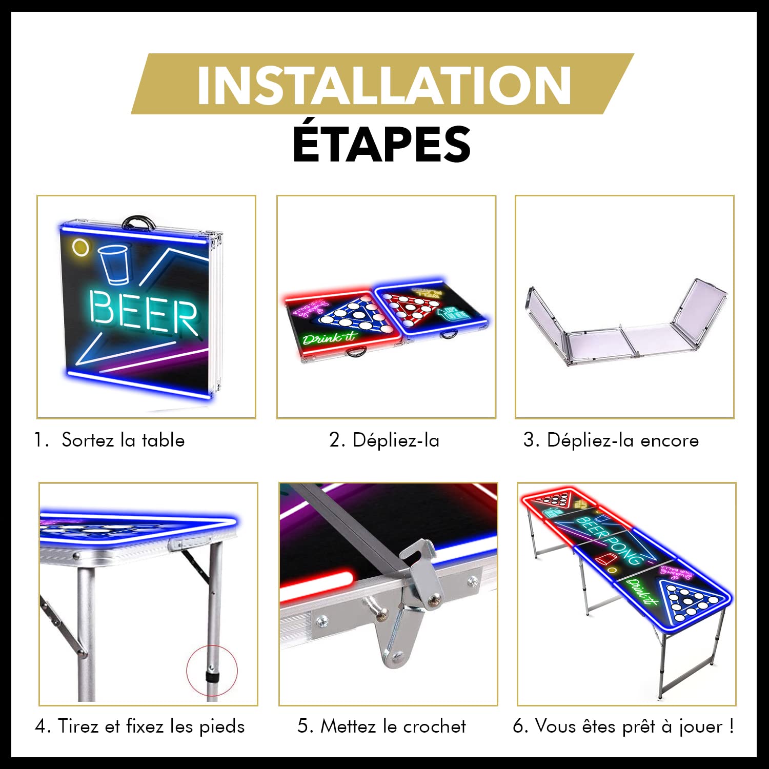 Beer Pong® Table Lumineuse Pliable avec Trous pour Cups - Revêtement Etanche Anti-Rayures - Homologuée Tournois
