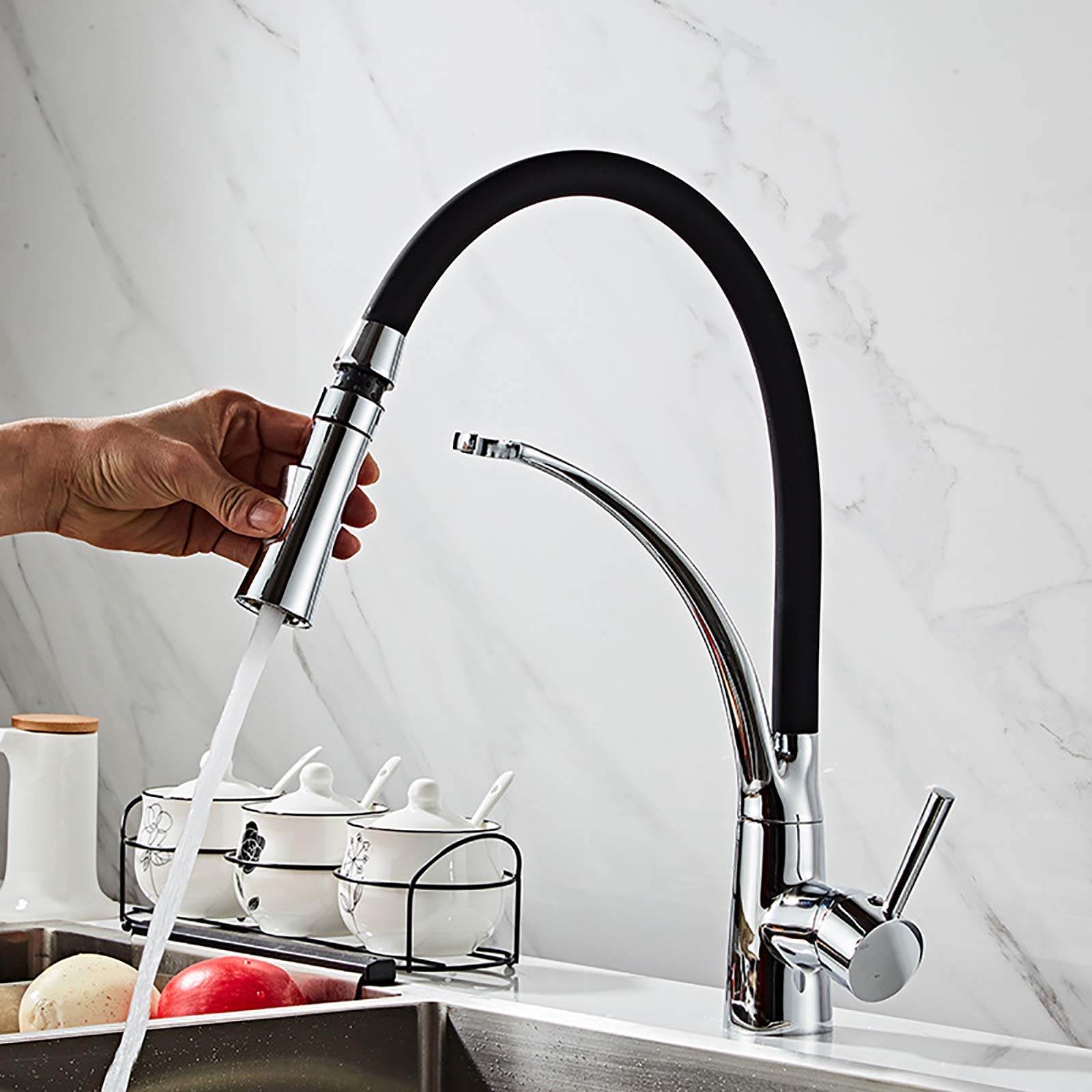 Grifería para Mezclador de Fregadero de Cocina 360 & deg; Grifo Giratorio Aireador Grifo de Ahorro de Agua Rociador abatible de una Sola Palanca con Manguera de Silicona Negra Grif