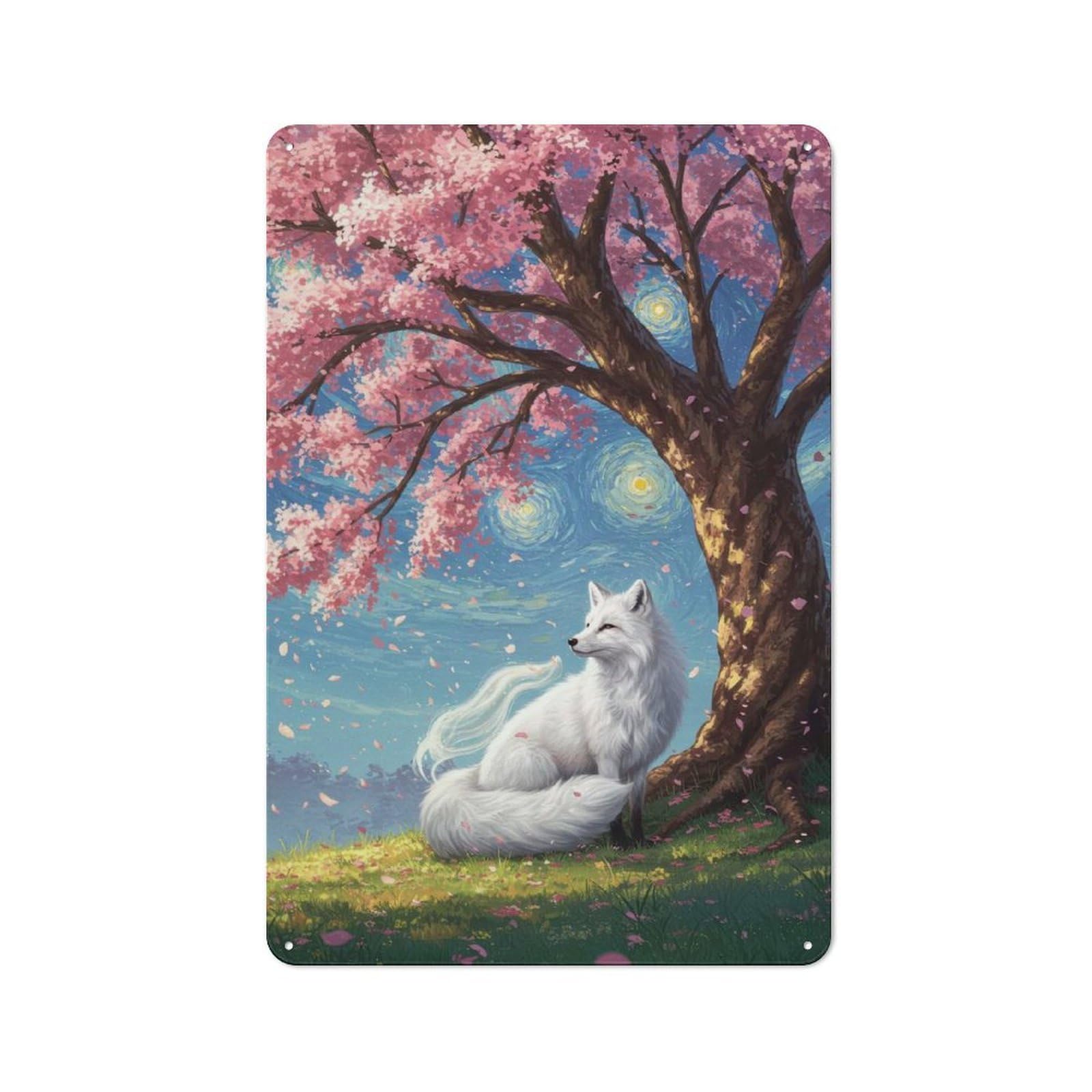 Junmoney Fox Under Cherry Blossom Tree Retro Metal Sign 30X20cm Featuring For Bar Or Restaurant, For Bar Decor Enthusiasts