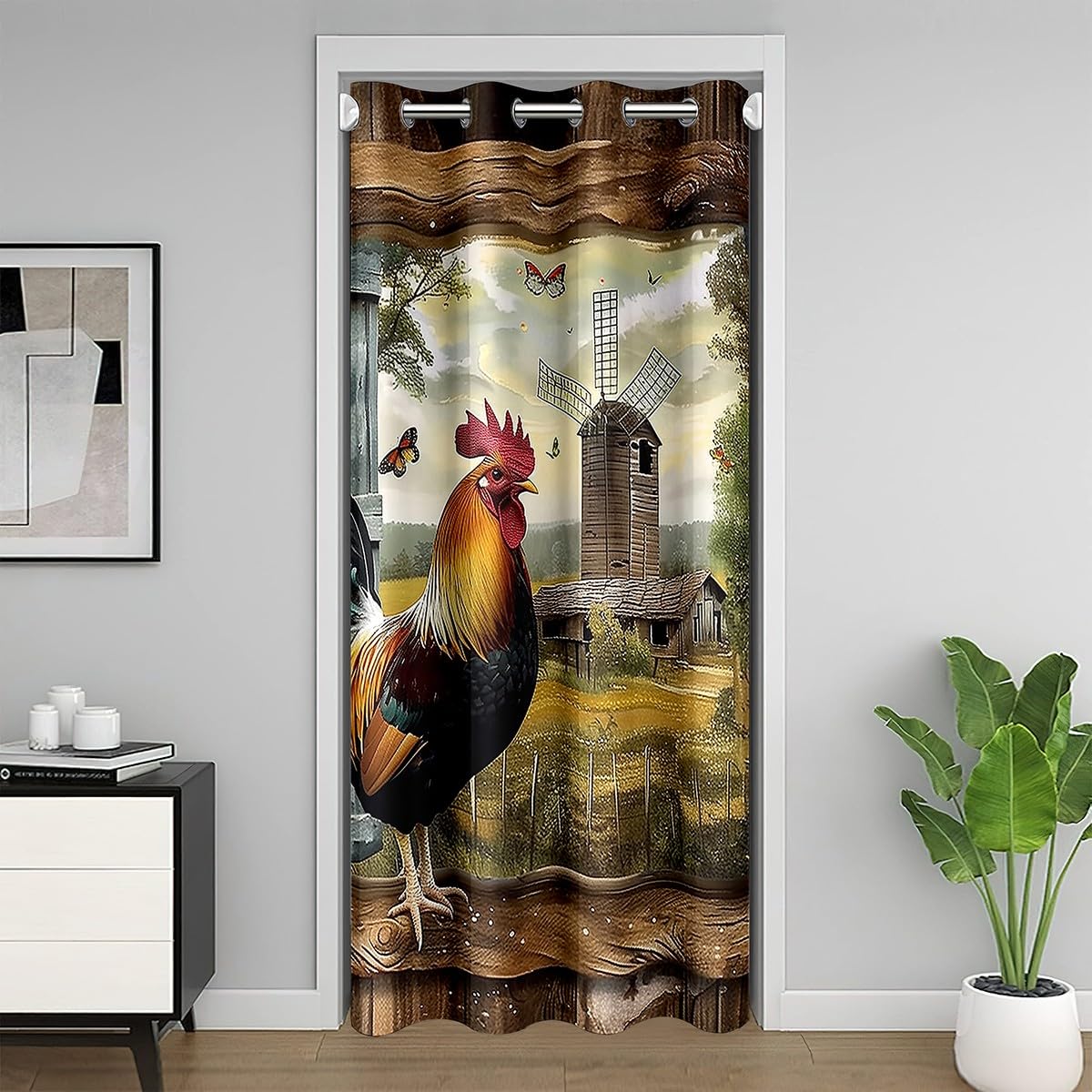 jejeloiu Cute Chicken Door Curtain for Doorway Privacy 52" x 80" Cartoon Farm Animals 30%-50% Room Darkening Blackout Vintage Wood Decor Room Divider