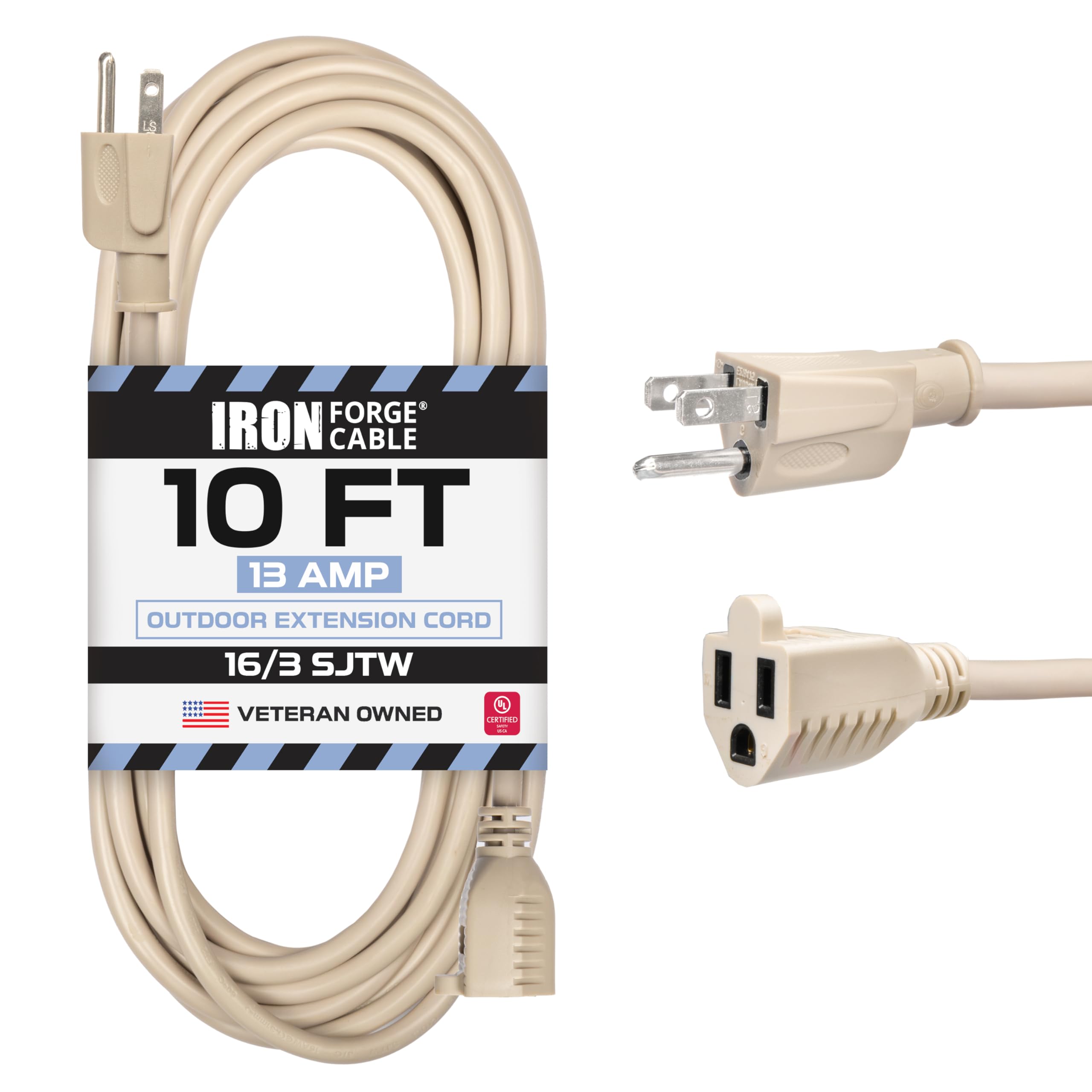 Iron Forge Cable de extensión beige de 10 pies para exteriores, cable resistente de 16/3 con enchufe de tierra de 3 puntas para seguridad, 13 amperios para jardín, césped, herramientas y