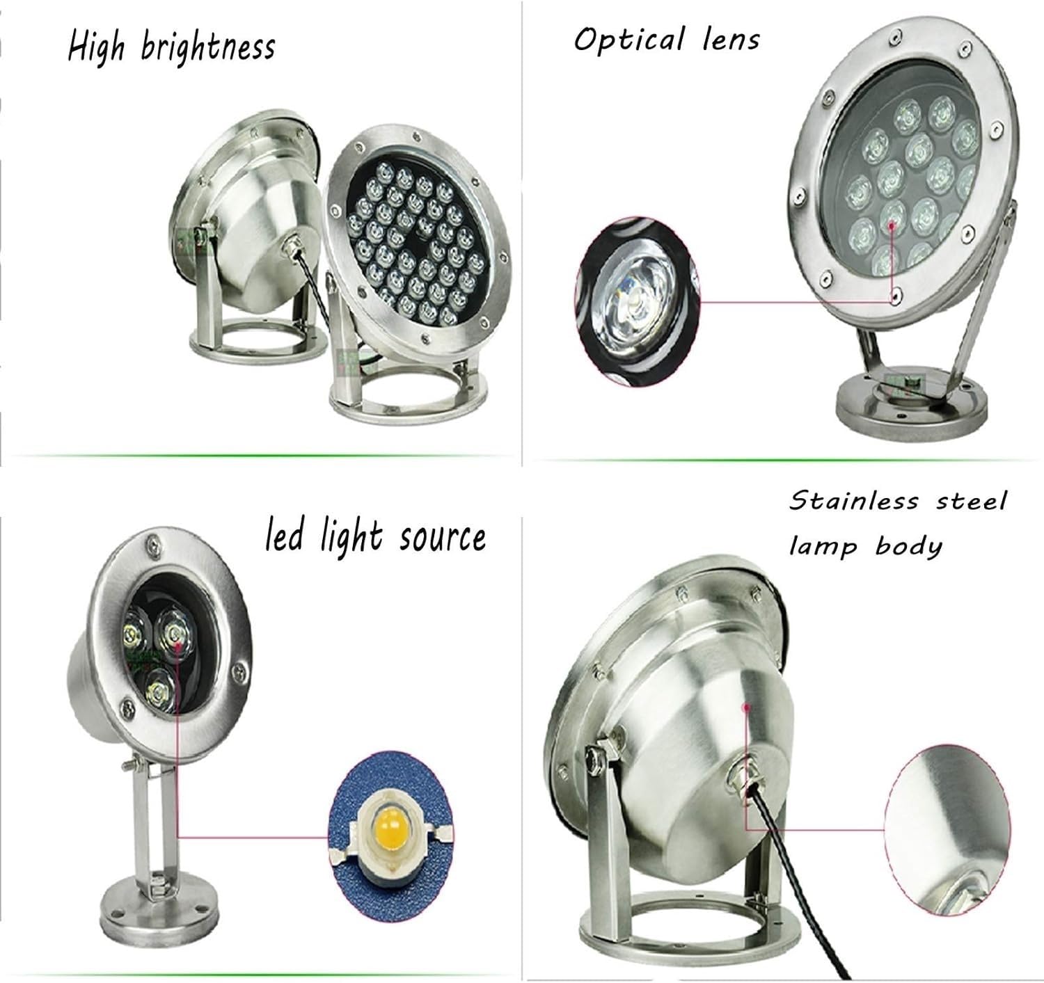 Podwodne oświetlenie LED - fontanna punktowa LED, 12 V-24 V, wodoodporna stal nierdzewna, IP68, fontanna z regulacją kąta 360°, do oświetlenia zewnętrznego, ogrodu, basenu (ciepłe whi