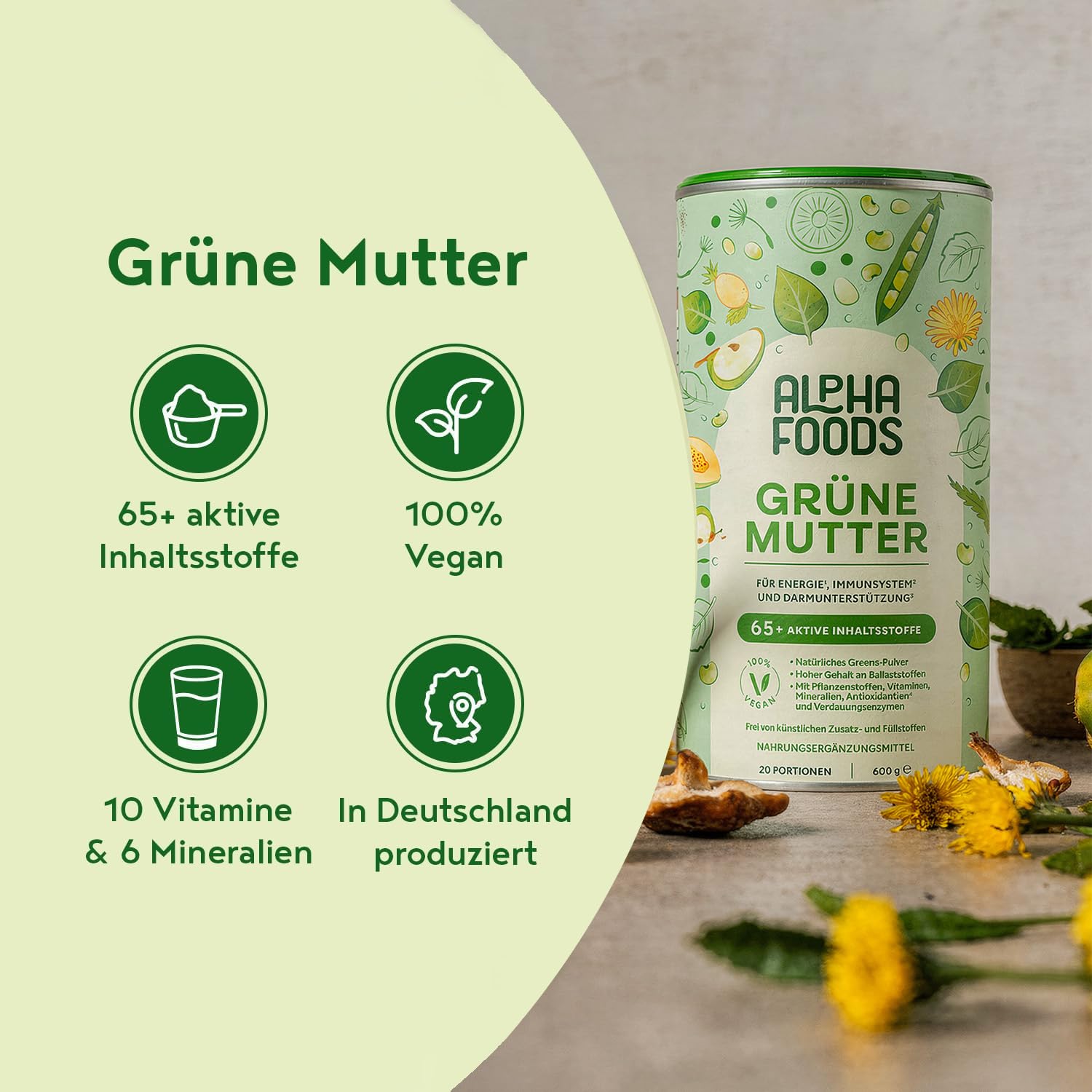 Grüne Mutter 2.0 - Das Original - Greens Shake - Akazienfaserpulver, Weizengras, Brennnessel, Mariendistel, Alfalfa, Chlorella und mehr - Smoothie Shake - 600g Pulver - Alpha Foods