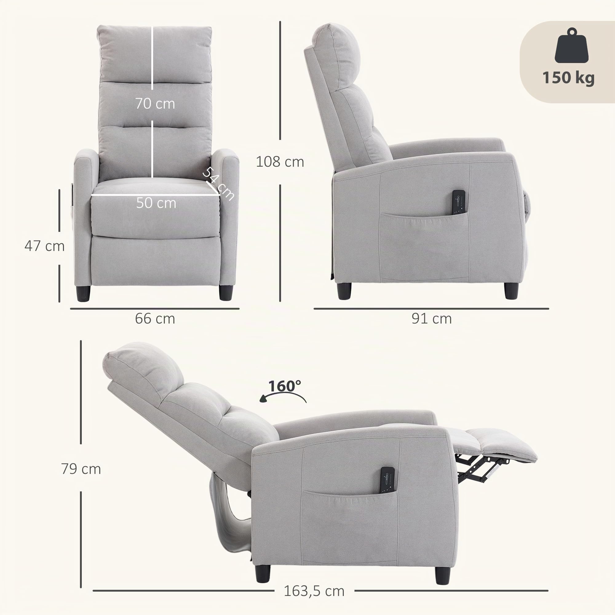 HOMCOM Sillón de Masaje Reclinable 160° Reposapiés 66x91x108 cm Gris Claro | Sillón Relax Reclinable, Mando a Distancia, 2 Zonas de Masaje, Respaldo Alto, Asiento Muelles, Bolsillos, Tapizado Chenilla